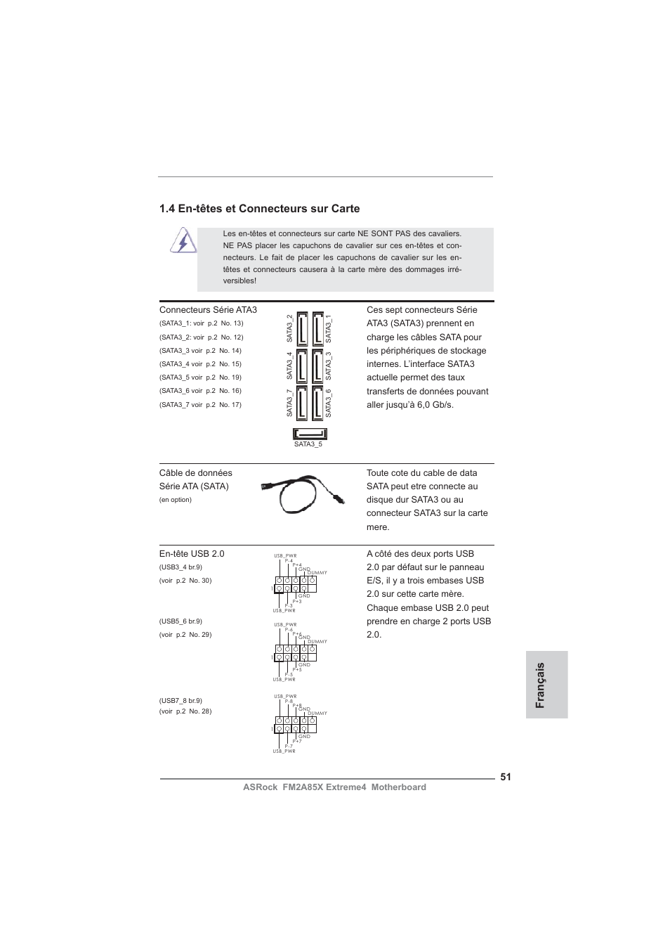 Français, 4 en-têtes et connecteurs sur carte | ASRock FM2A85X Extreme4 User Manual | Page 51 / 179