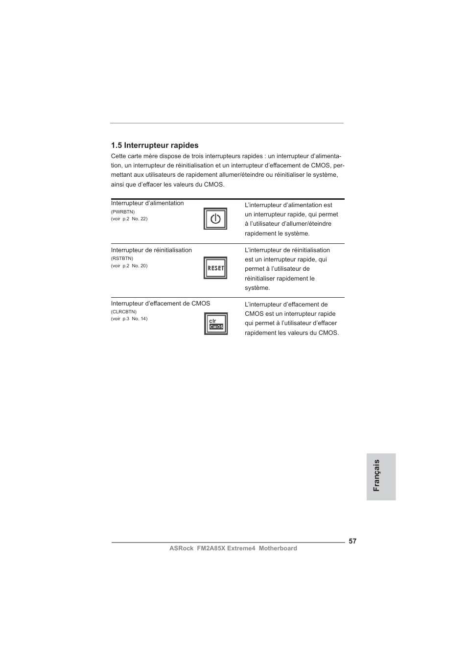 Français 1.5 interrupteur rapides | ASRock FM2A85X Extreme4 User Manual | Page 57 / 179