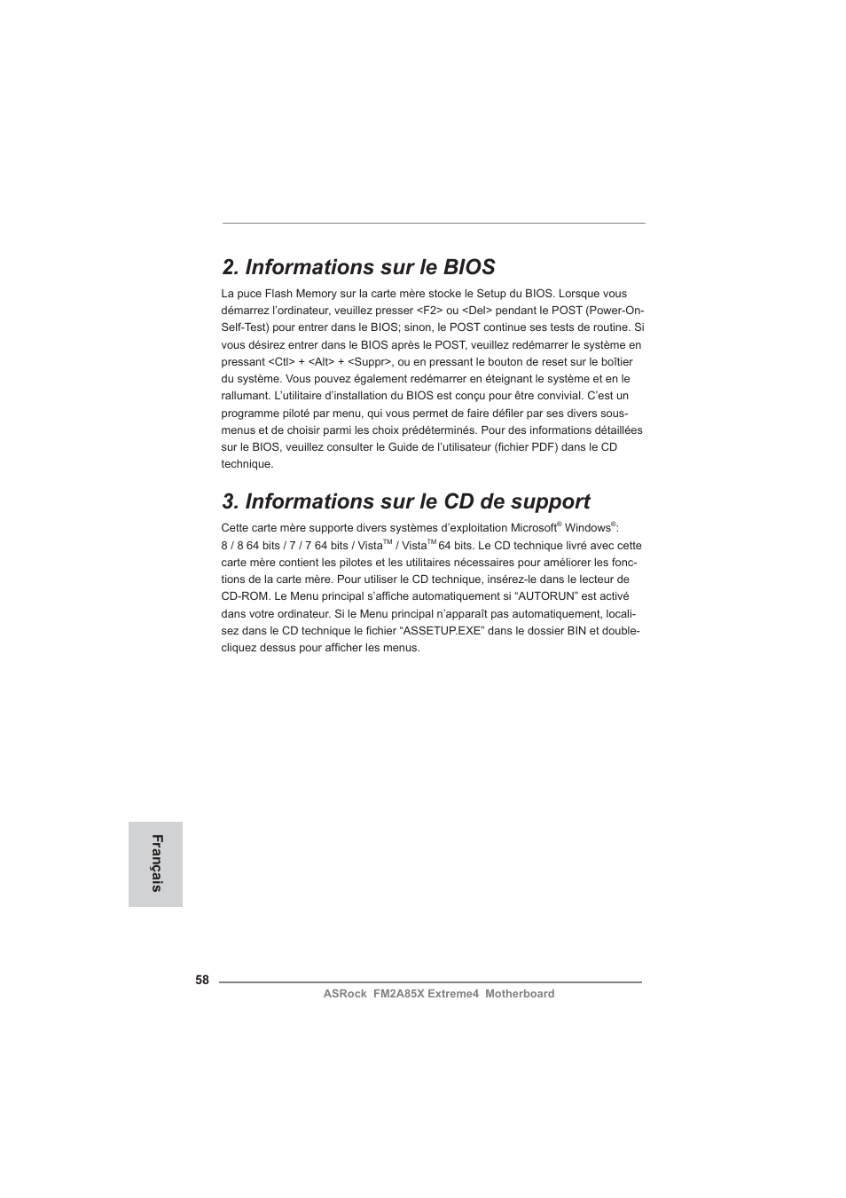 Informations sur le bios, Informations sur le cd de support | ASRock FM2A85X Extreme4 User Manual | Page 58 / 179
