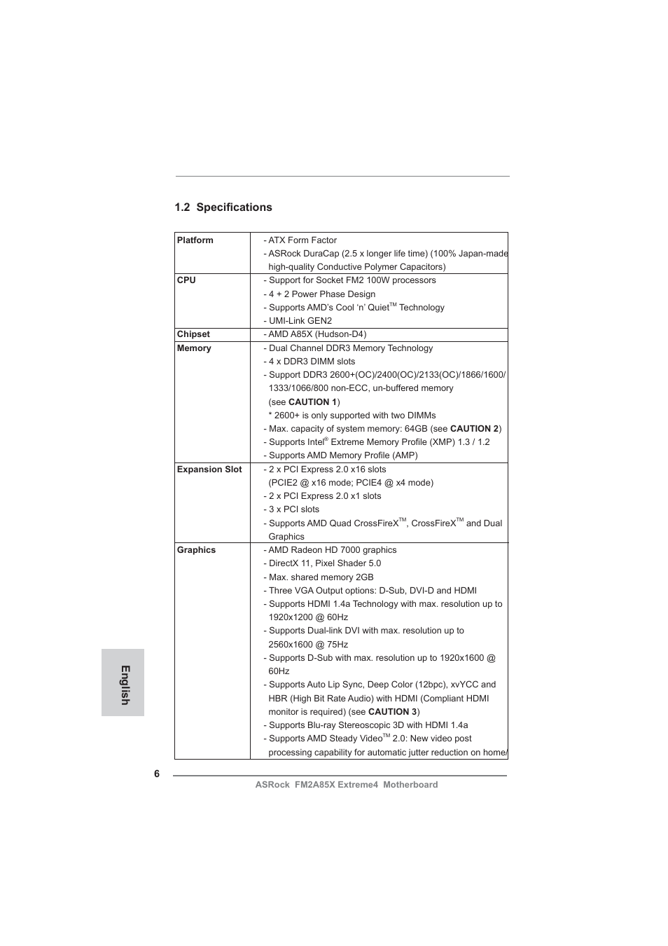 English 1.2 specifi cations | ASRock FM2A85X Extreme4 User Manual | Page 6 / 179