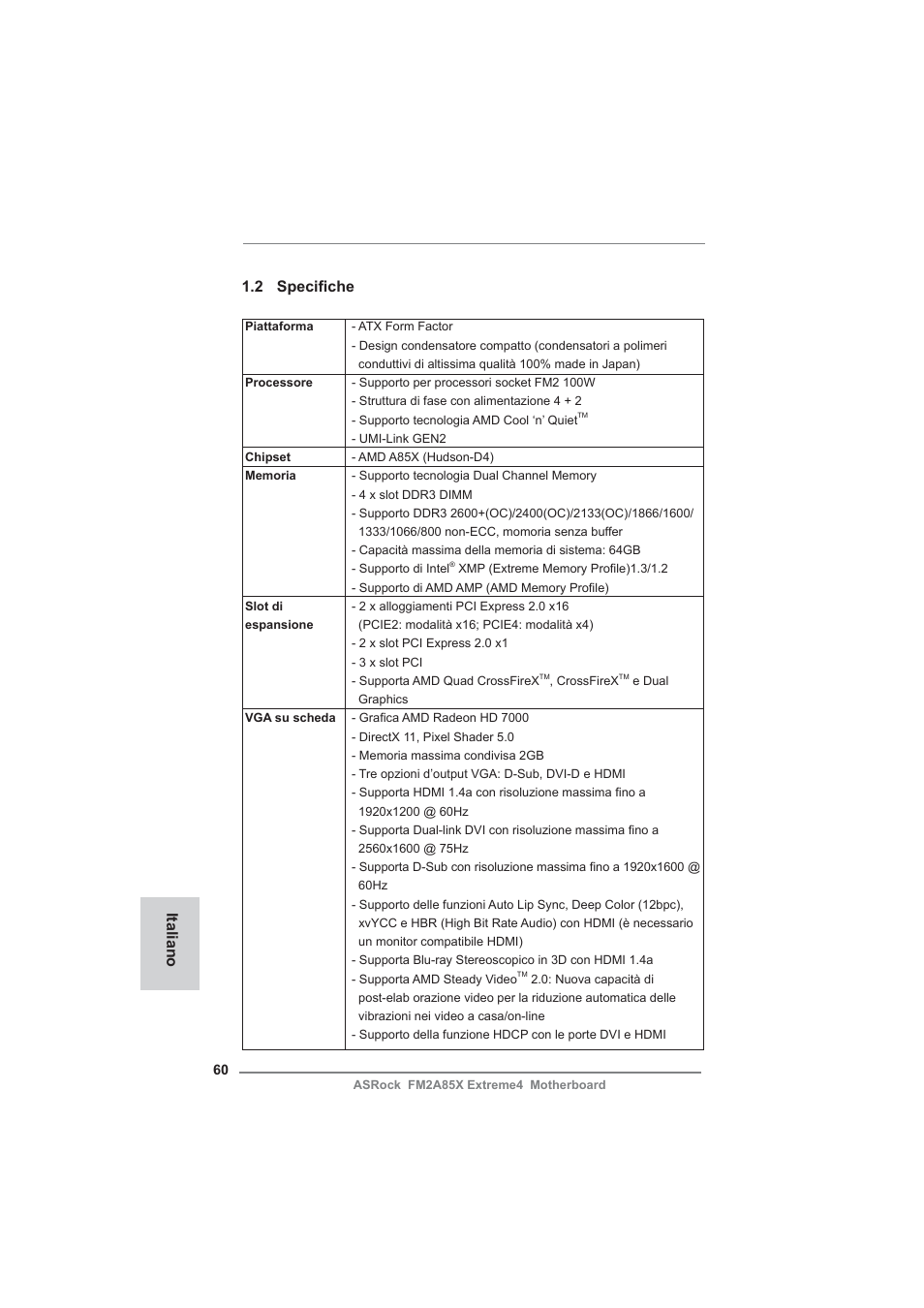Italiano 1.2 specifi che | ASRock FM2A85X Extreme4 User Manual | Page 60 / 179