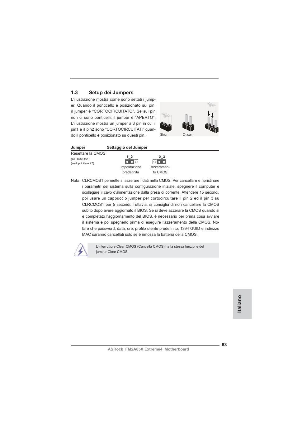 Italiano 1.3 setup dei jumpers | ASRock FM2A85X Extreme4 User Manual | Page 63 / 179