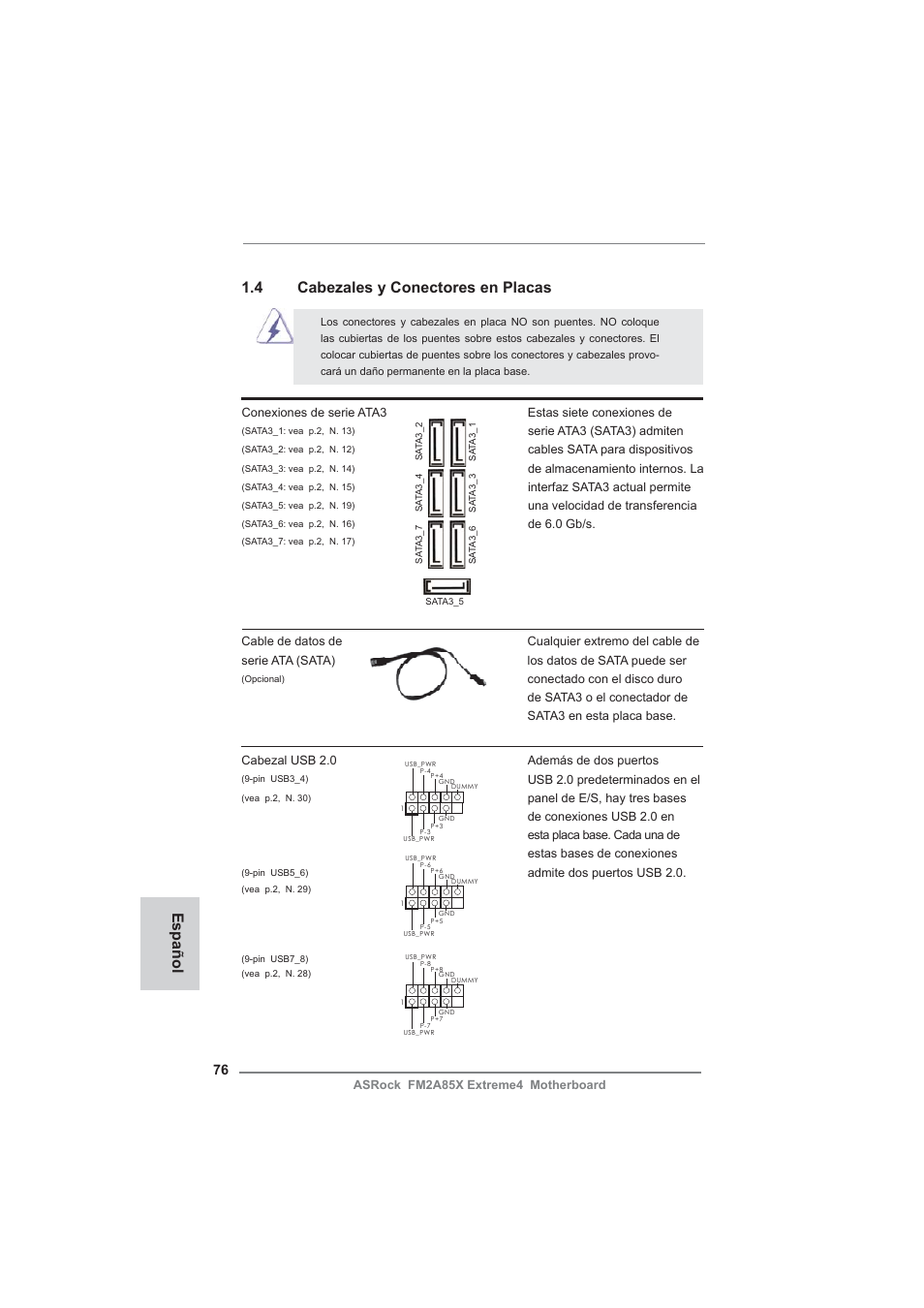 4 cabezales y conectores en placas, Español | ASRock FM2A85X Extreme4 User Manual | Page 76 / 179