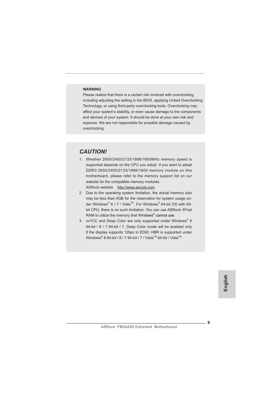 Caution, English | ASRock FM2A85X Extreme4 User Manual | Page 9 / 179