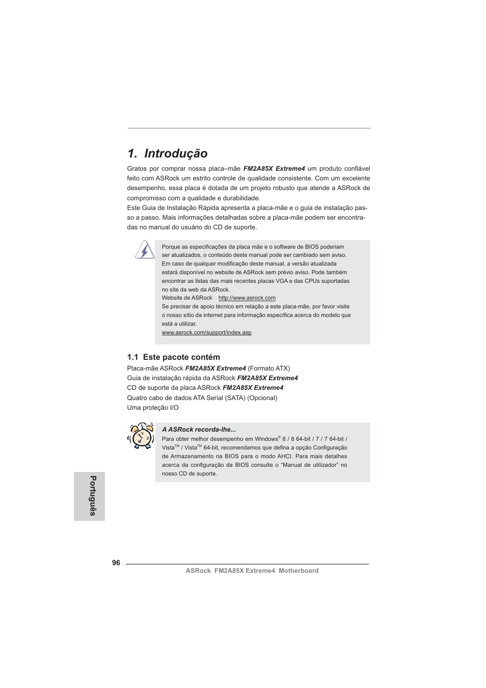 Portuguese, Introdução, 1 este pacote contém | Português | ASRock FM2A85X Extreme4 User Manual | Page 96 / 179