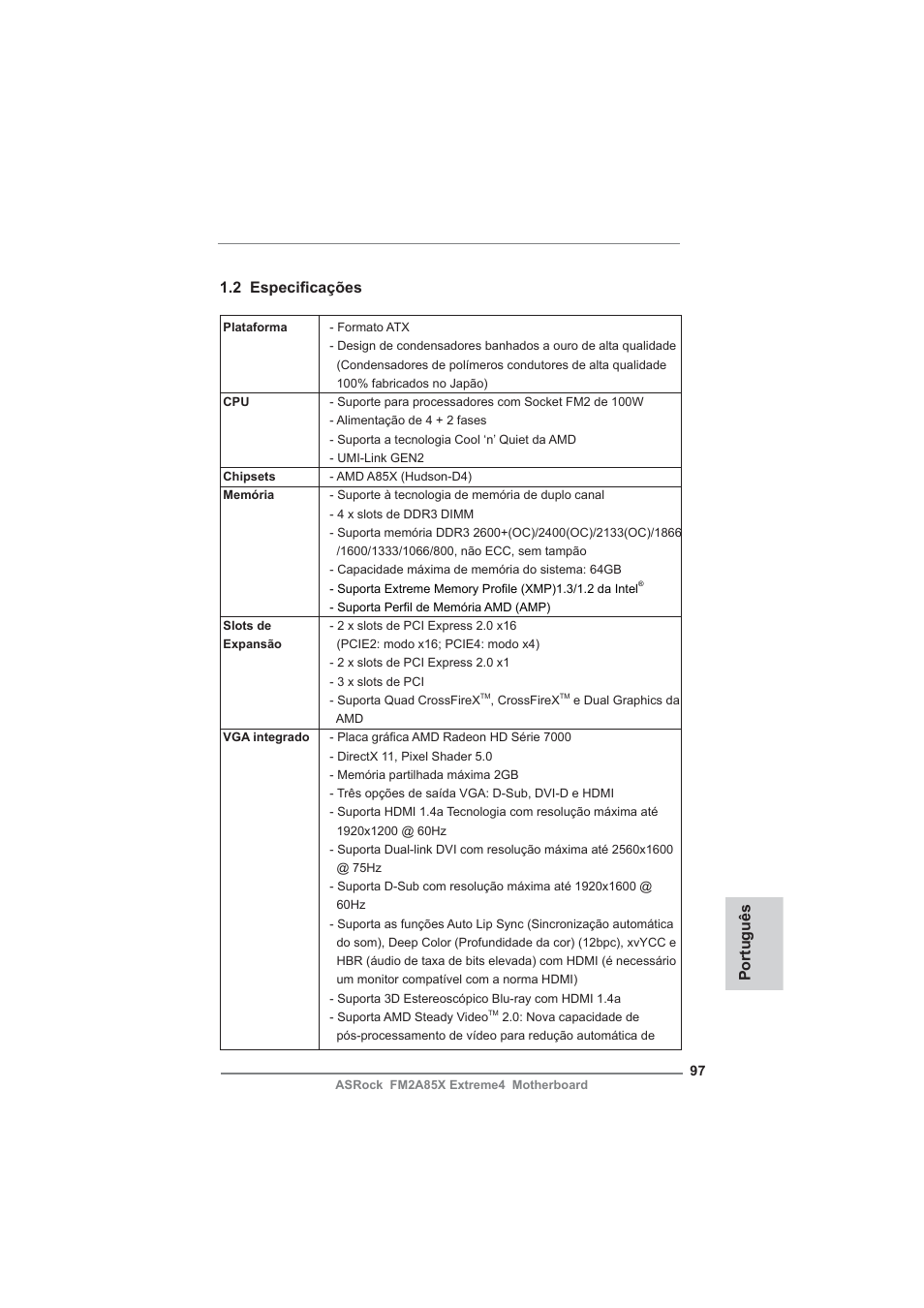 Português 1.2 especifi cações | ASRock FM2A85X Extreme4 User Manual | Page 97 / 179