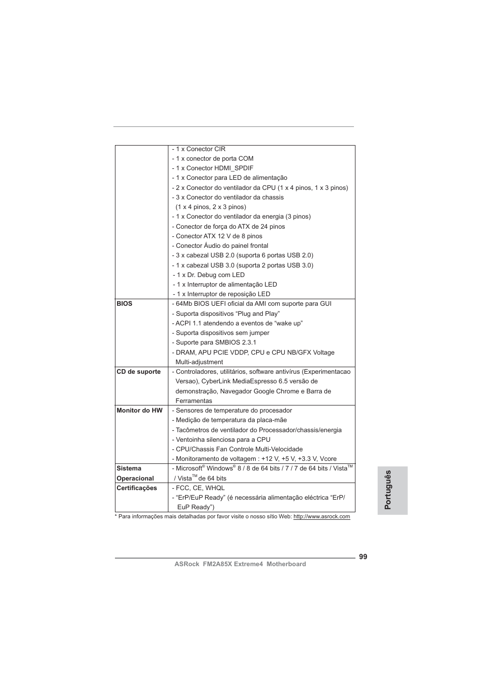 Português | ASRock FM2A85X Extreme4 User Manual | Page 99 / 179