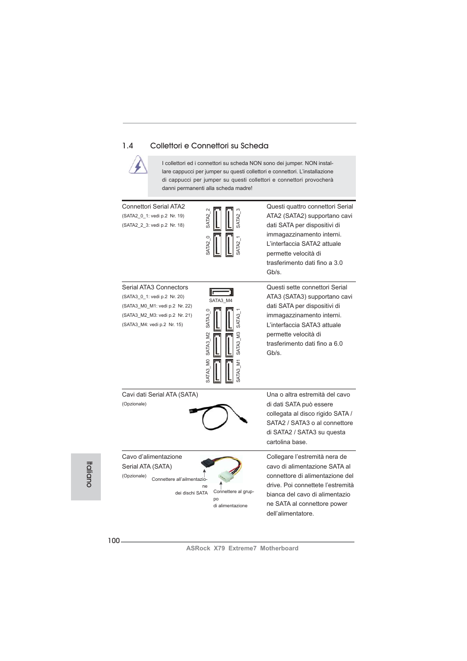 Italiano 1.4 collettori e connettori su scheda | ASRock X79 Extreme7 User Manual | Page 100 / 236