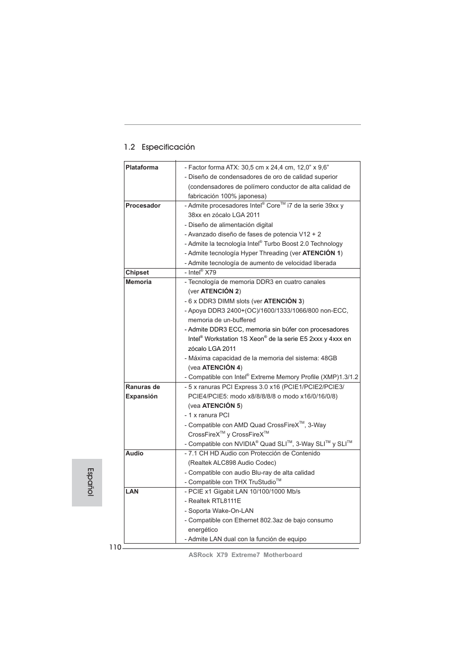 Español 1.2 especificación | ASRock X79 Extreme7 User Manual | Page 110 / 236