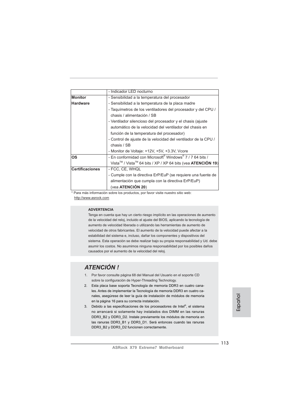 Atención, Español | ASRock X79 Extreme7 User Manual | Page 113 / 236