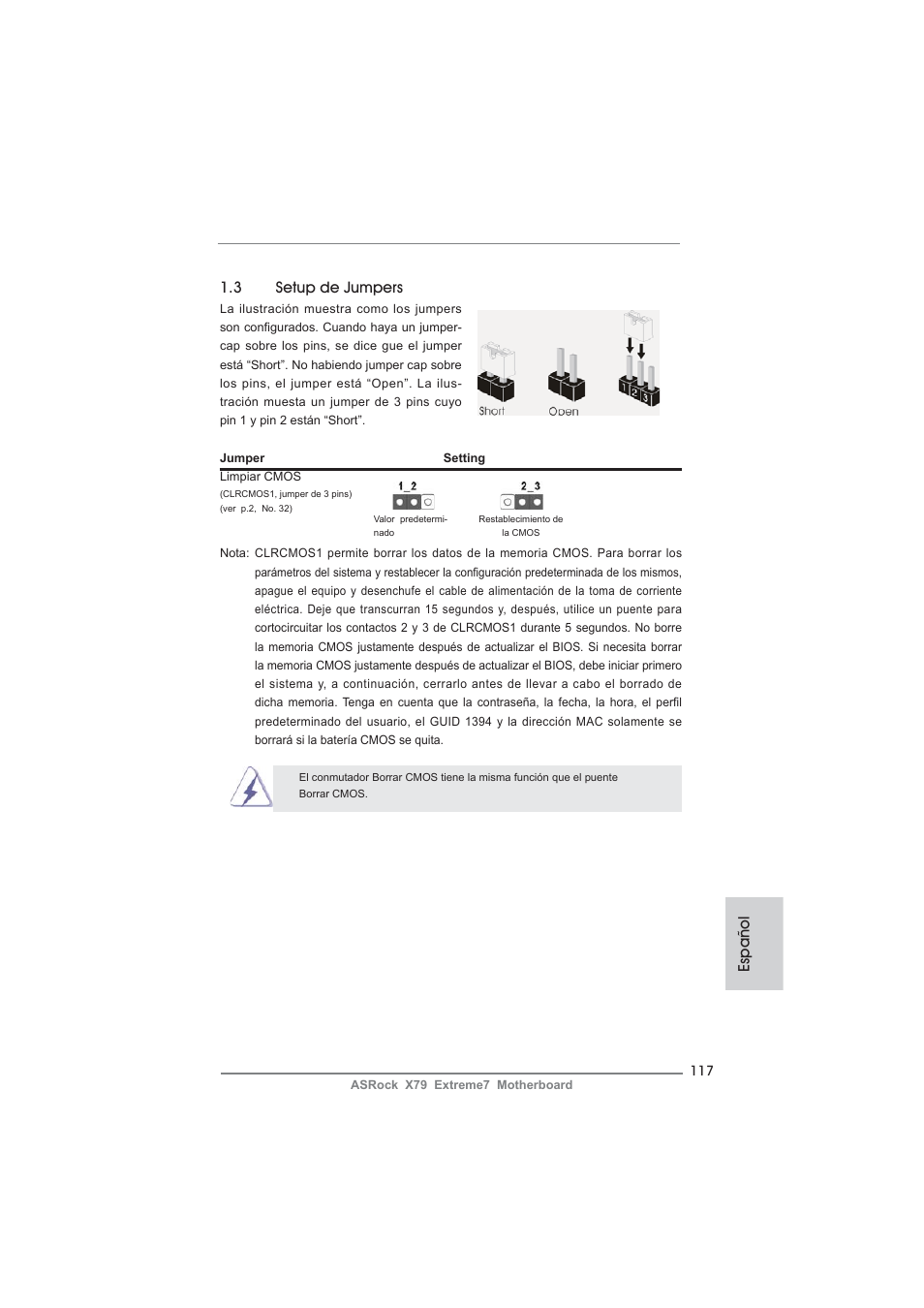 Español 1.3 setup de jumpers | ASRock X79 Extreme7 User Manual | Page 117 / 236