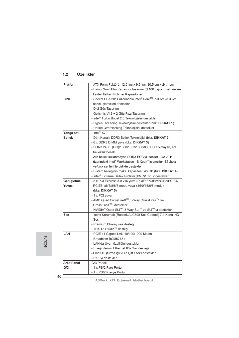 Türkçe 1.2 özellikler | ASRock X79 Extreme7 User Manual | Page 146 / 236