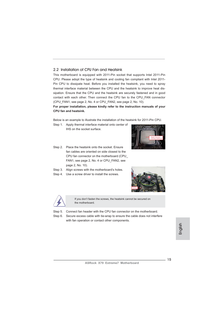 English 2.2 installation of cpu fan and heatsink | ASRock X79 Extreme7 User Manual | Page 15 / 236
