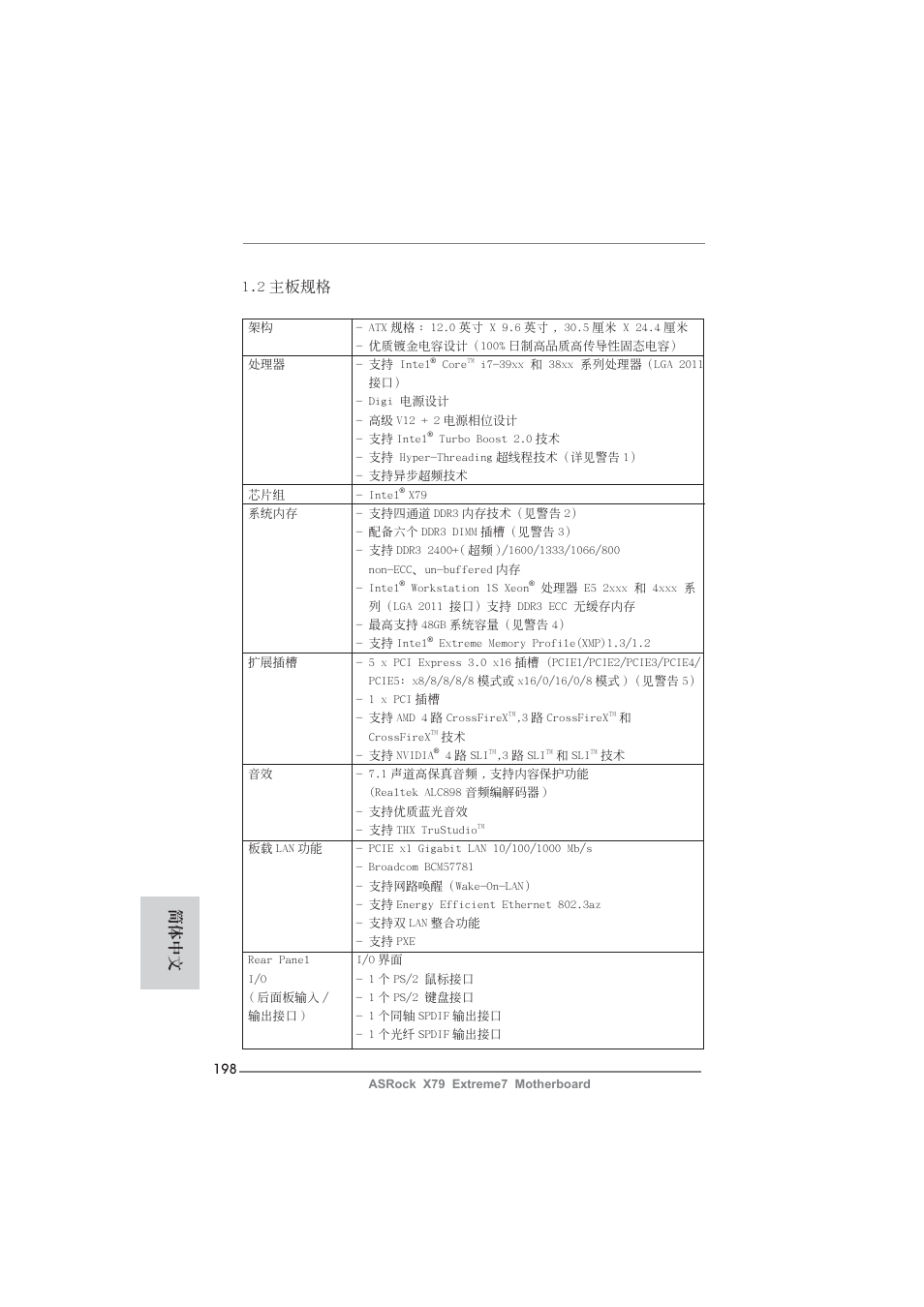 簡體中文 1.2 主板規格 | ASRock X79 Extreme7 User Manual | Page 198 / 236