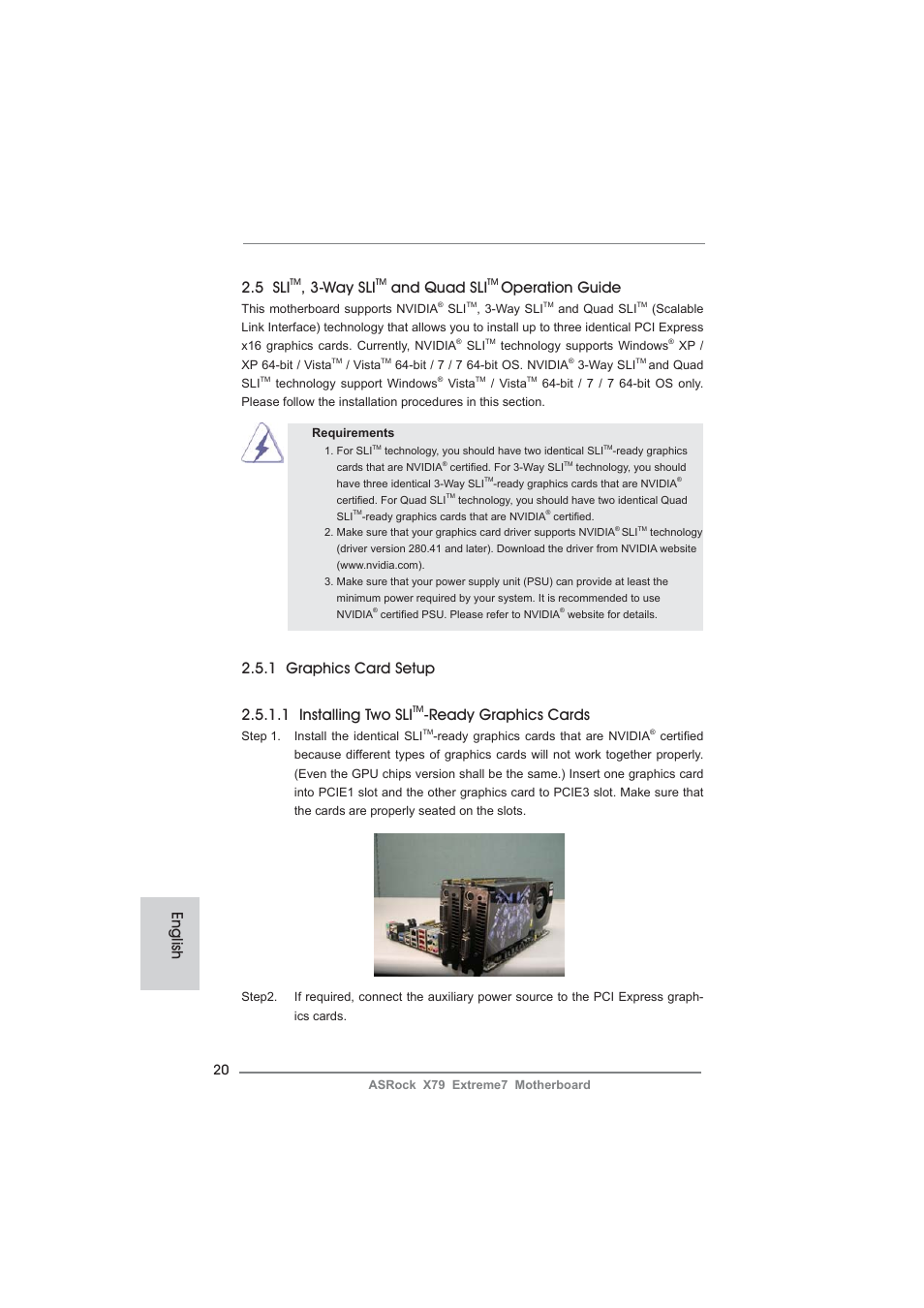 English 2.5 sli, Way sli, And quad sli | Operation guide, Ready graphics cards | ASRock X79 Extreme7 User Manual | Page 20 / 236