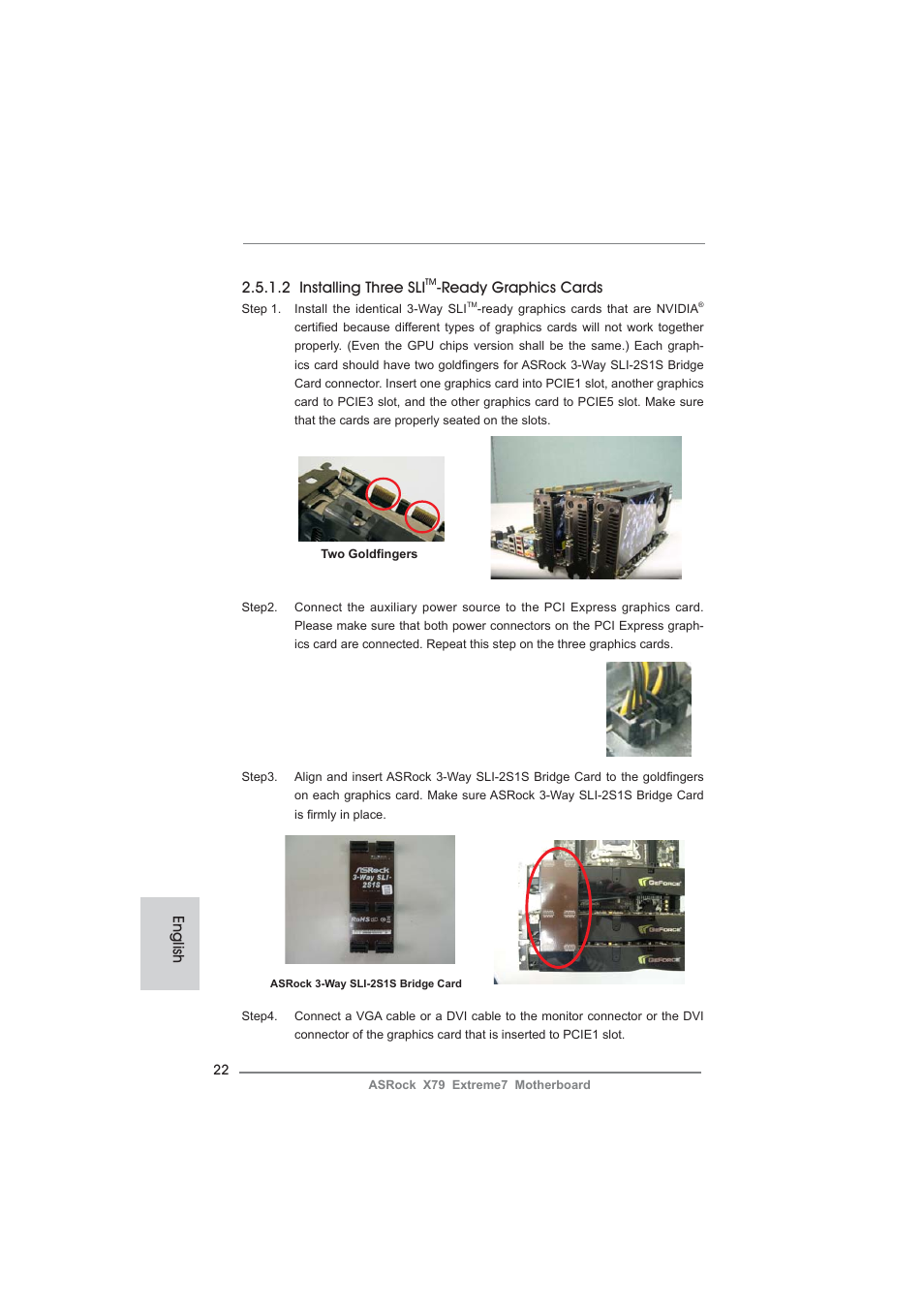 English 2.5.1.2 installing three sli, Ready graphics cards | ASRock X79 Extreme7 User Manual | Page 22 / 236
