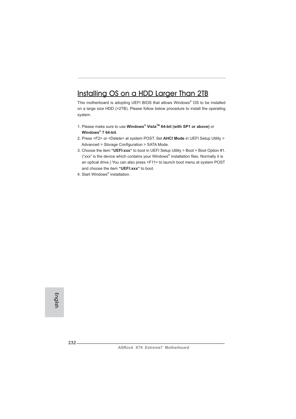 Installing os on a hdd larger than 2tb, English | ASRock X79 Extreme7 User Manual | Page 232 / 236