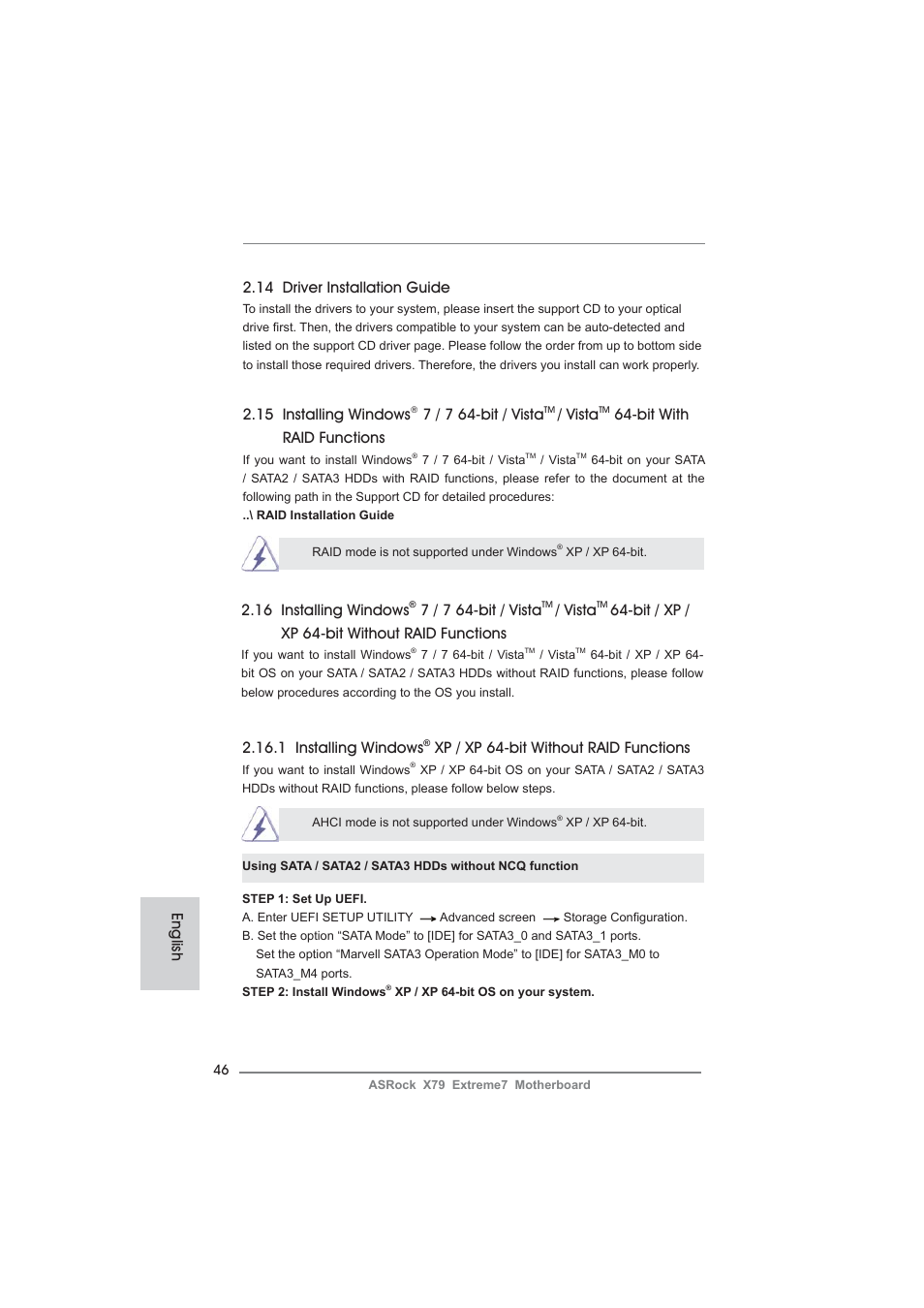 English 2.14 driver installation guide, 15 installing windows, 7 / 7 64-bit / vista | Vista, Bit with raid functions, 1 installing windows, Xp / xp 64-bit without raid functions, 16 installing windows, Bit / xp / xp 64-bit without raid functions | ASRock X79 Extreme7 User Manual | Page 46 / 236