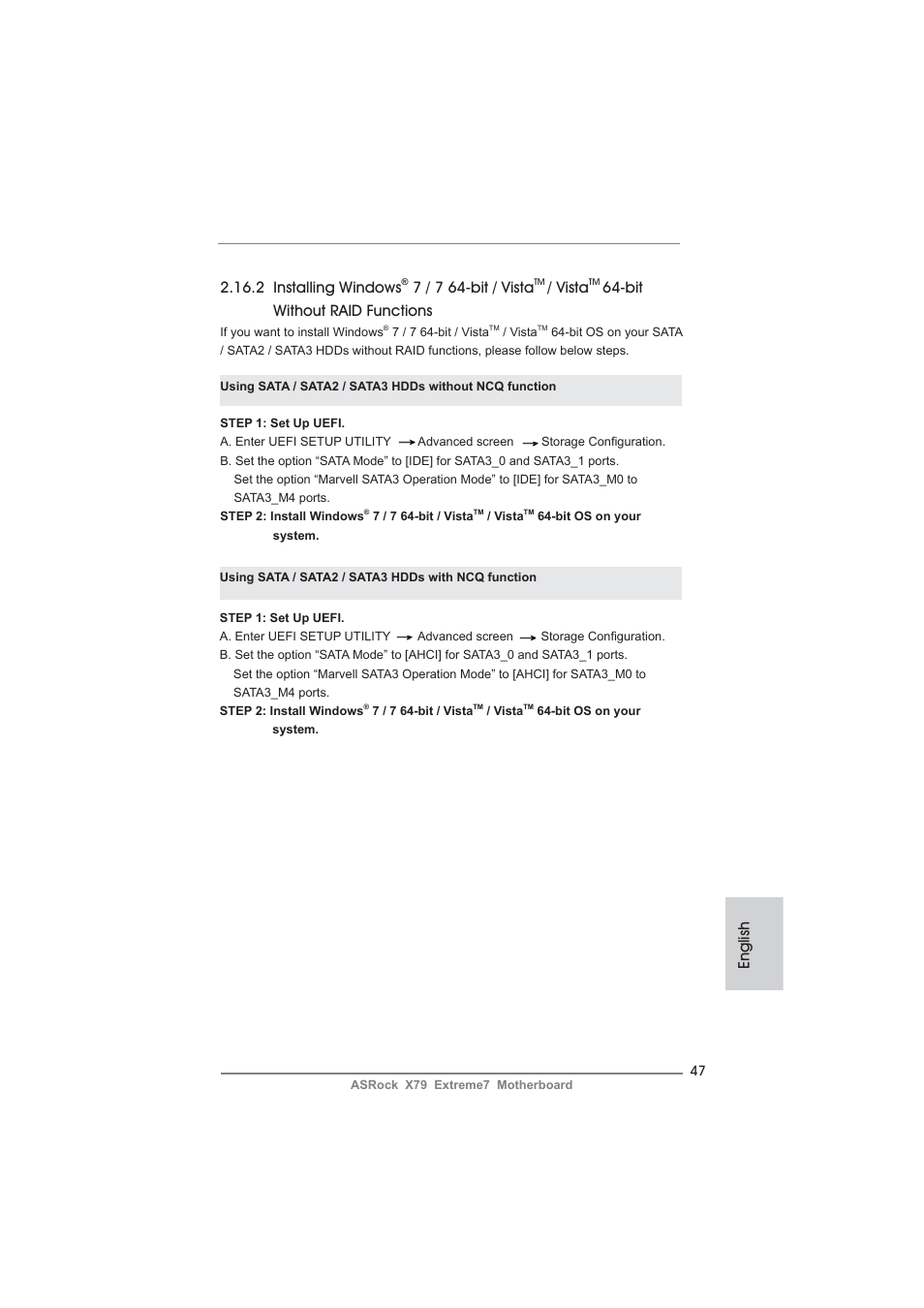 English 2.16.2 installing windows, 7 / 7 64-bit / vista, Vista | Bit without raid functions | ASRock X79 Extreme7 User Manual | Page 47 / 236