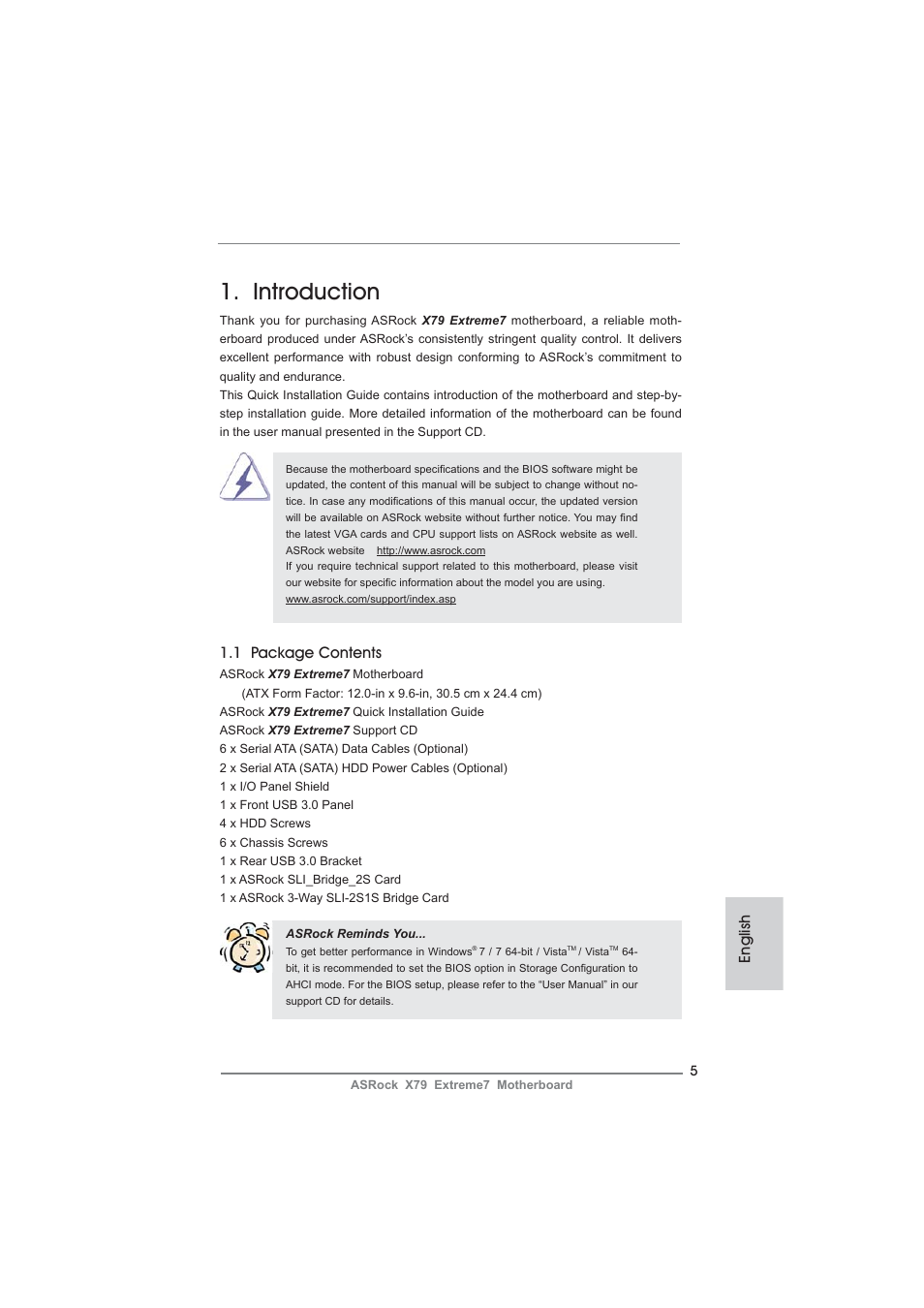 Introduction, 1 package contents, English | ASRock X79 Extreme7 User Manual | Page 5 / 236