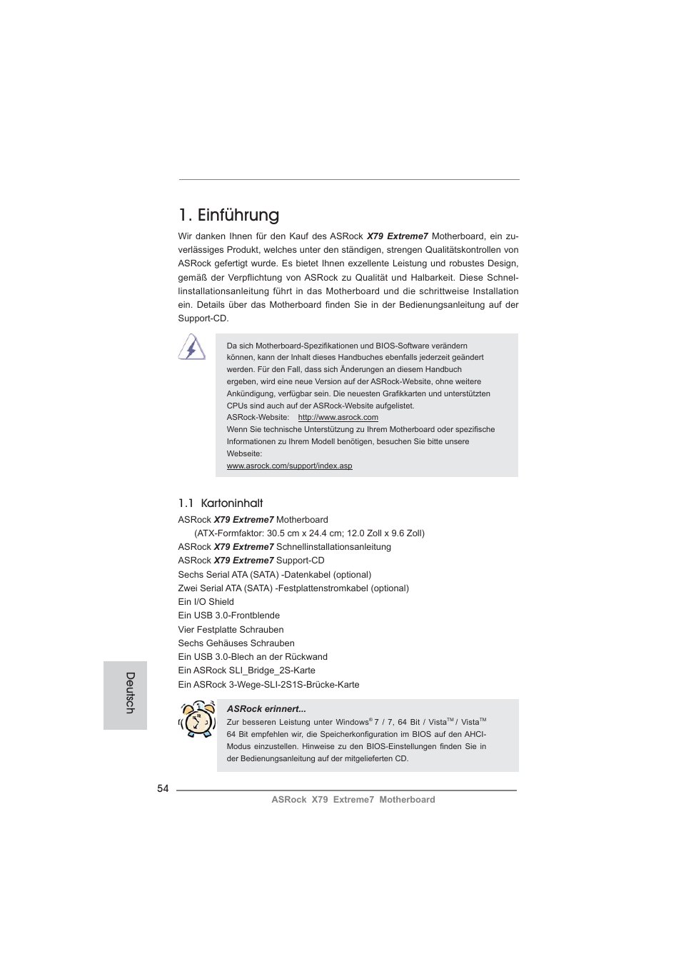 German, Einführung, 1 kartoninhalt | Deutsch | ASRock X79 Extreme7 User Manual | Page 54 / 236