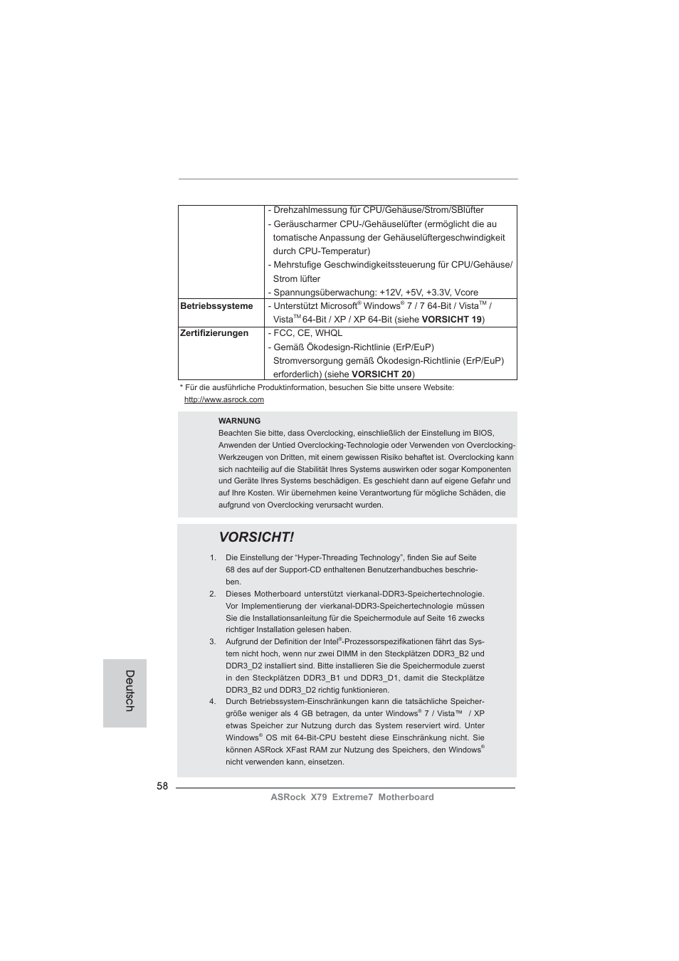Vorsicht, Deutsch | ASRock X79 Extreme7 User Manual | Page 58 / 236