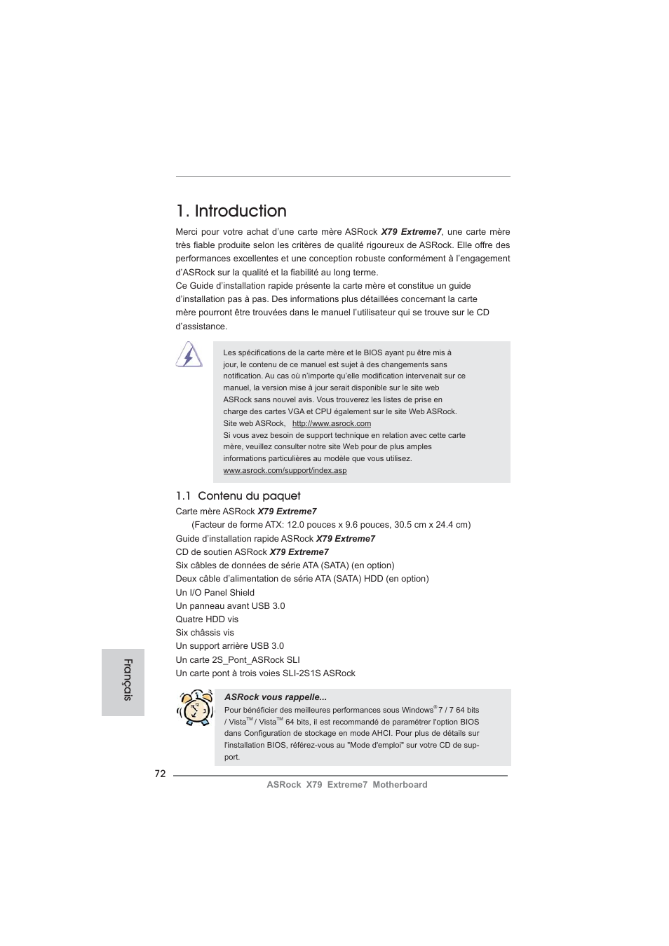 French, Introduction, 1 contenu du paquet | Français | ASRock X79 Extreme7 User Manual | Page 72 / 236