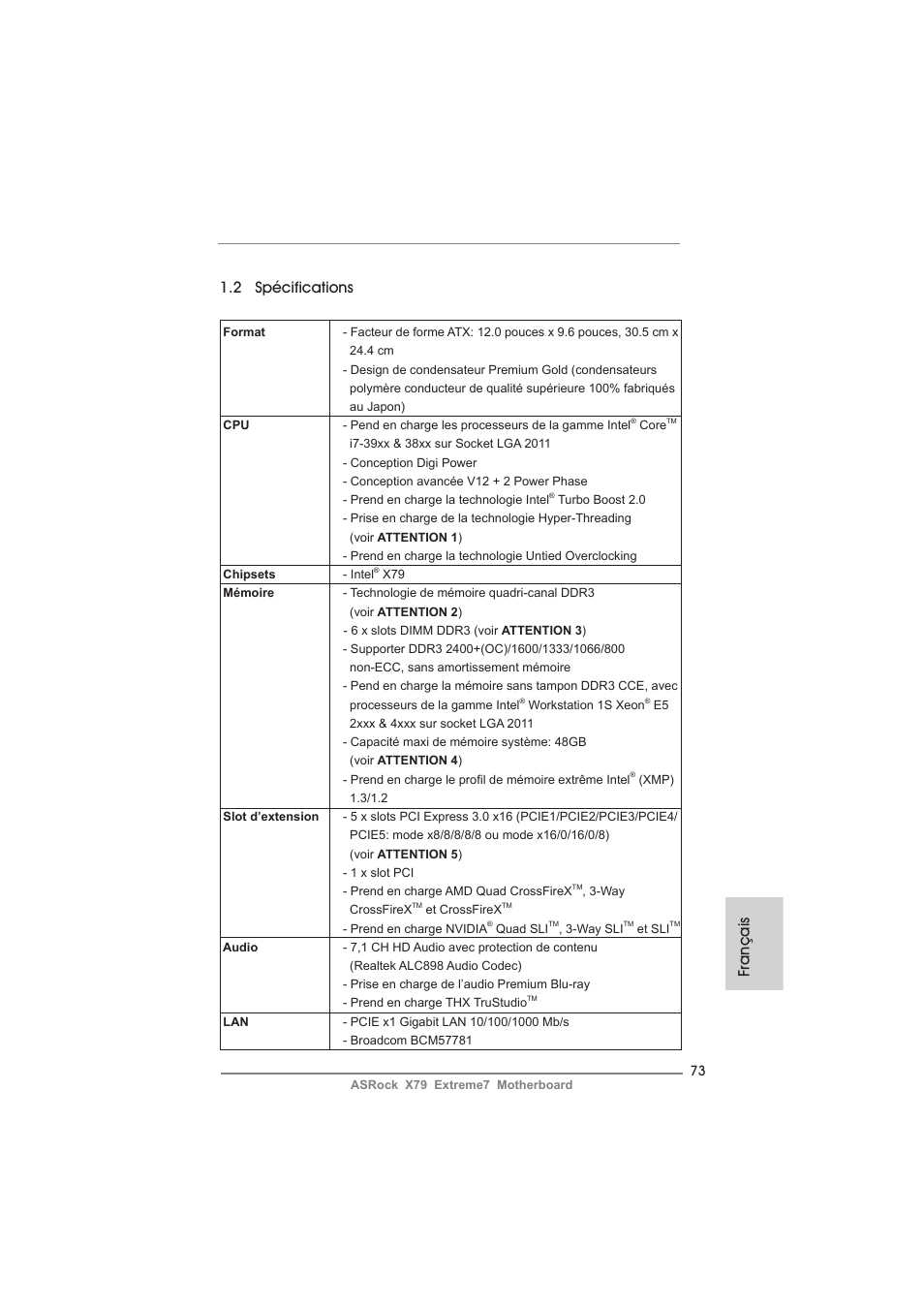 Français 1.2 spécifications | ASRock X79 Extreme7 User Manual | Page 73 / 236