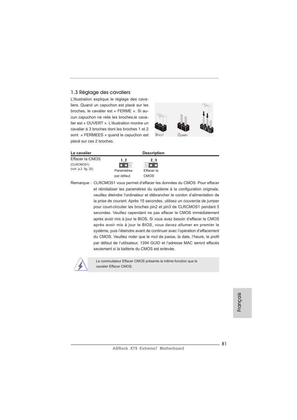 Français 1.3 réglage des cavaliers | ASRock X79 Extreme7 User Manual | Page 81 / 236