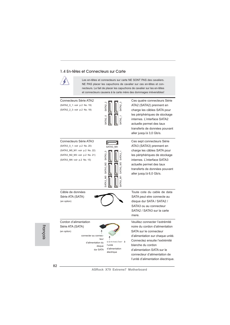 Français, 4 en-têtes et connecteurs sur carte | ASRock X79 Extreme7 User Manual | Page 82 / 236
