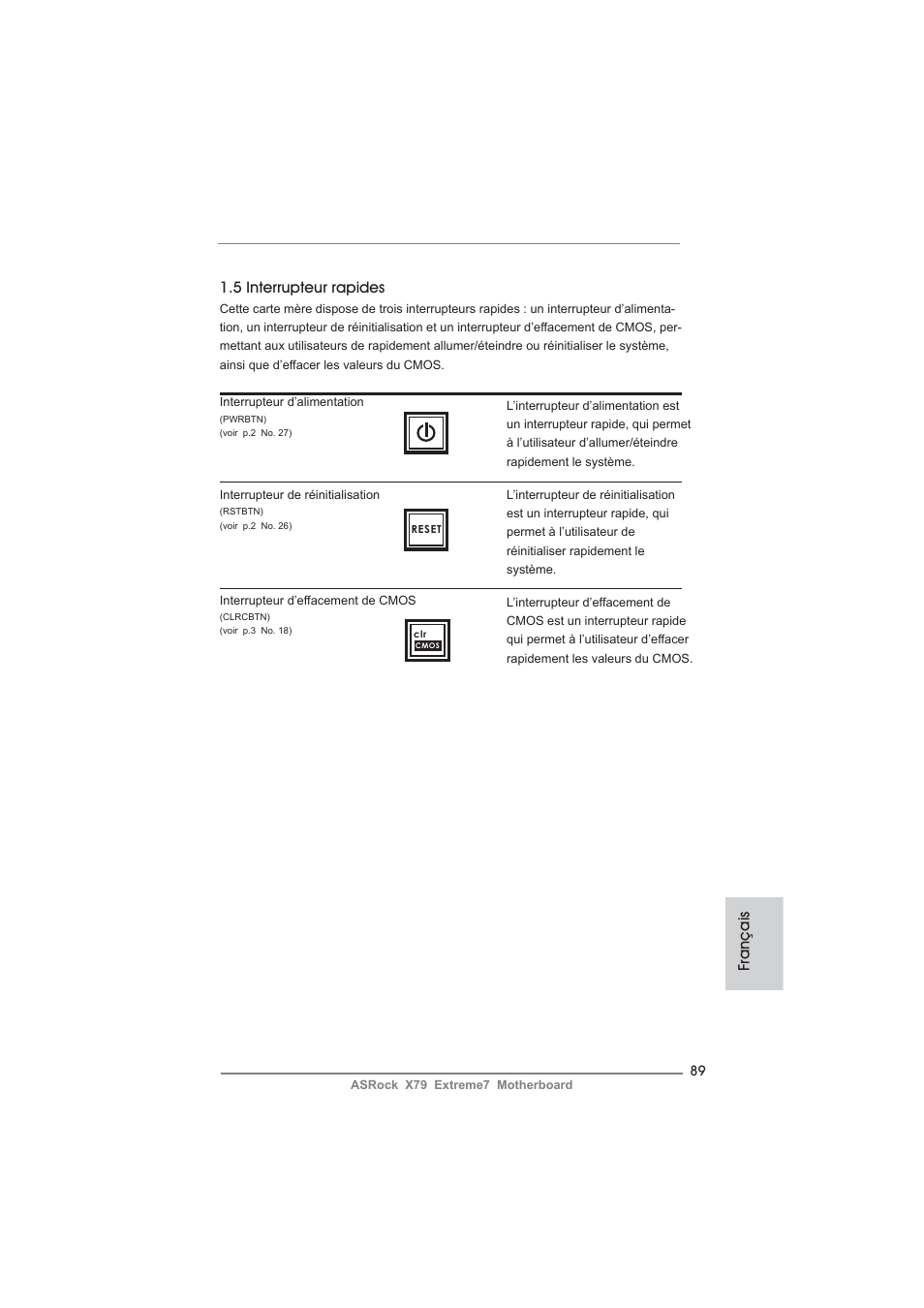 Français 1.5 interrupteur rapides | ASRock X79 Extreme7 User Manual | Page 89 / 236