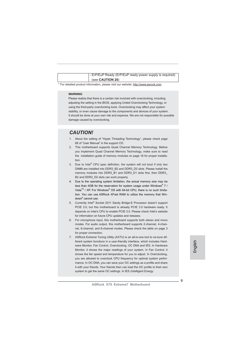 Caut ion, English | ASRock X79 Extreme7 User Manual | Page 9 / 236