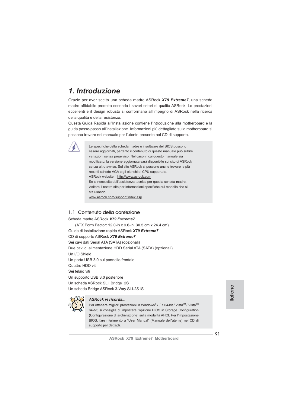 Italian, Introduzione, Italiano | 1 contenuto della confezione | ASRock X79 Extreme7 User Manual | Page 91 / 236