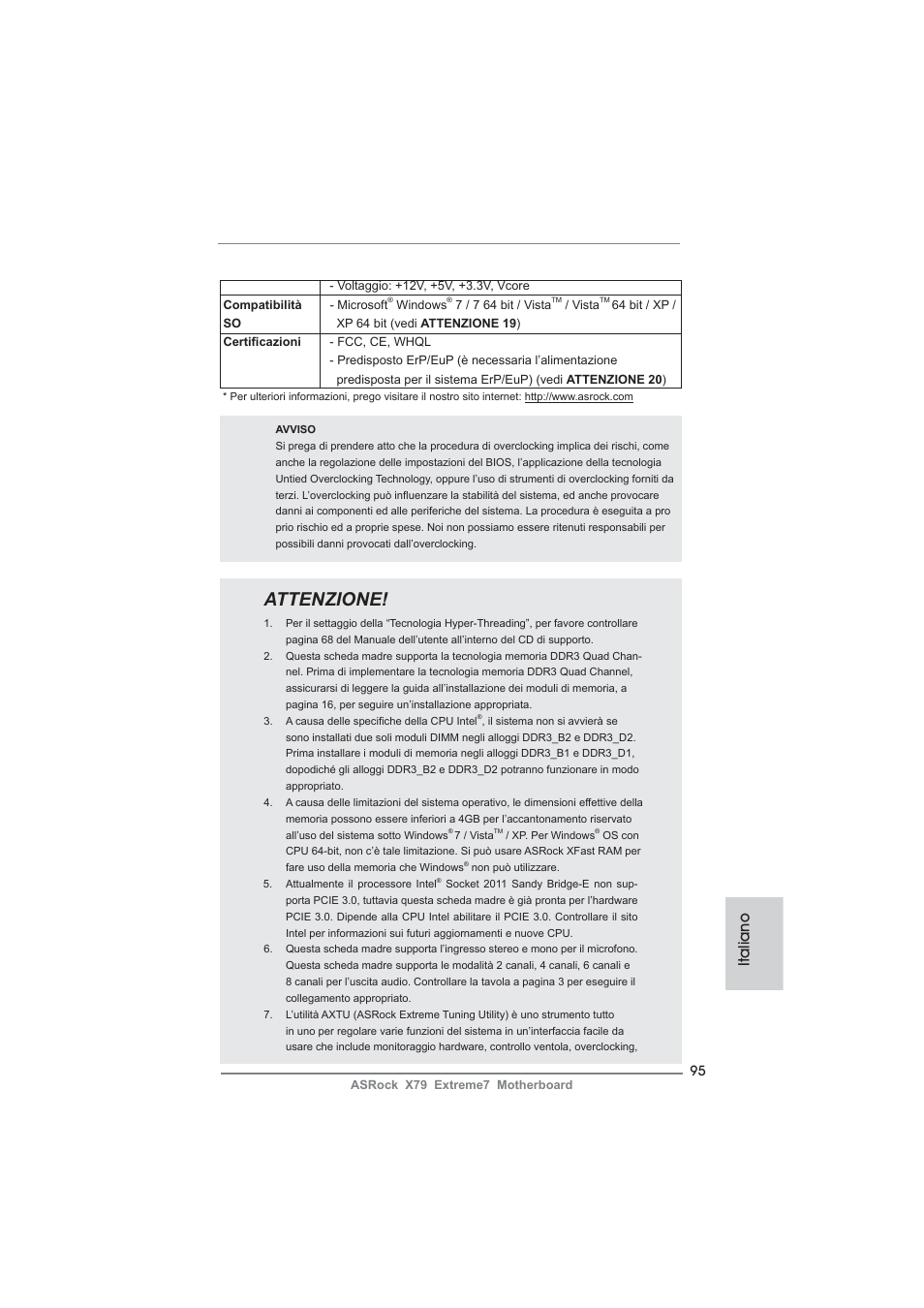 Attenzione, Italiano | ASRock X79 Extreme7 User Manual | Page 95 / 236