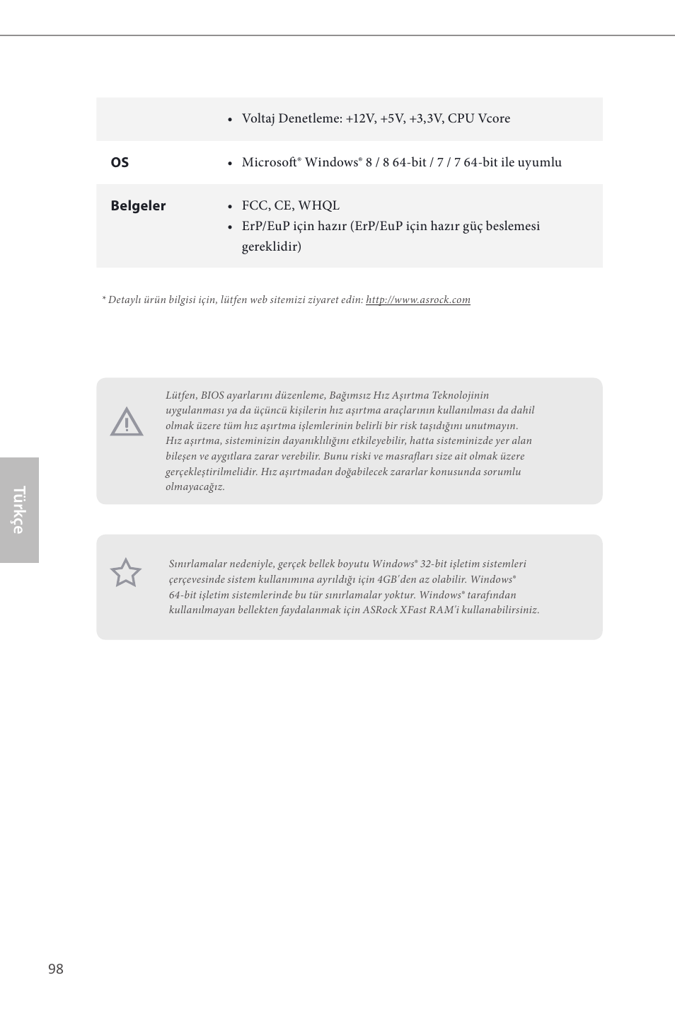 Türk çe | ASRock H87M User Manual | Page 100 / 163