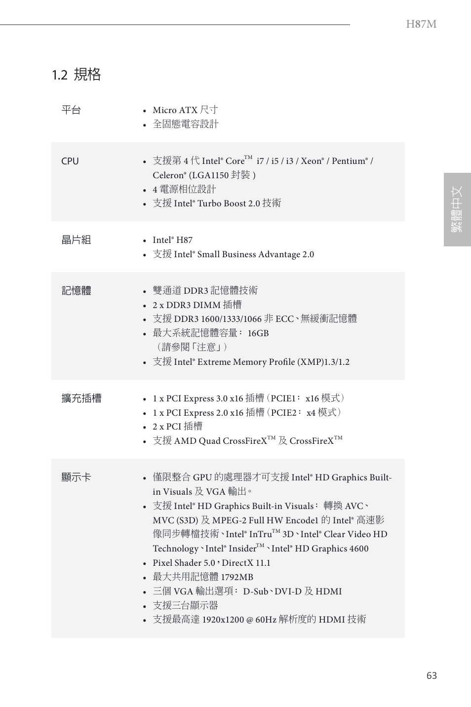 2 規格, H 8 7m, 繁體 中 文 | ASRock H87M User Manual | Page 142 / 163