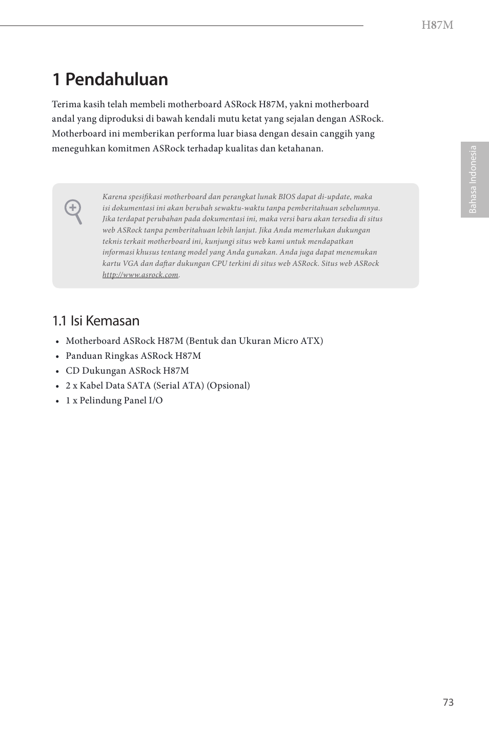 Indonesian, 1 pendahuluan, 1 isi kemasan | ASRock H87M User Manual | Page 152 / 163