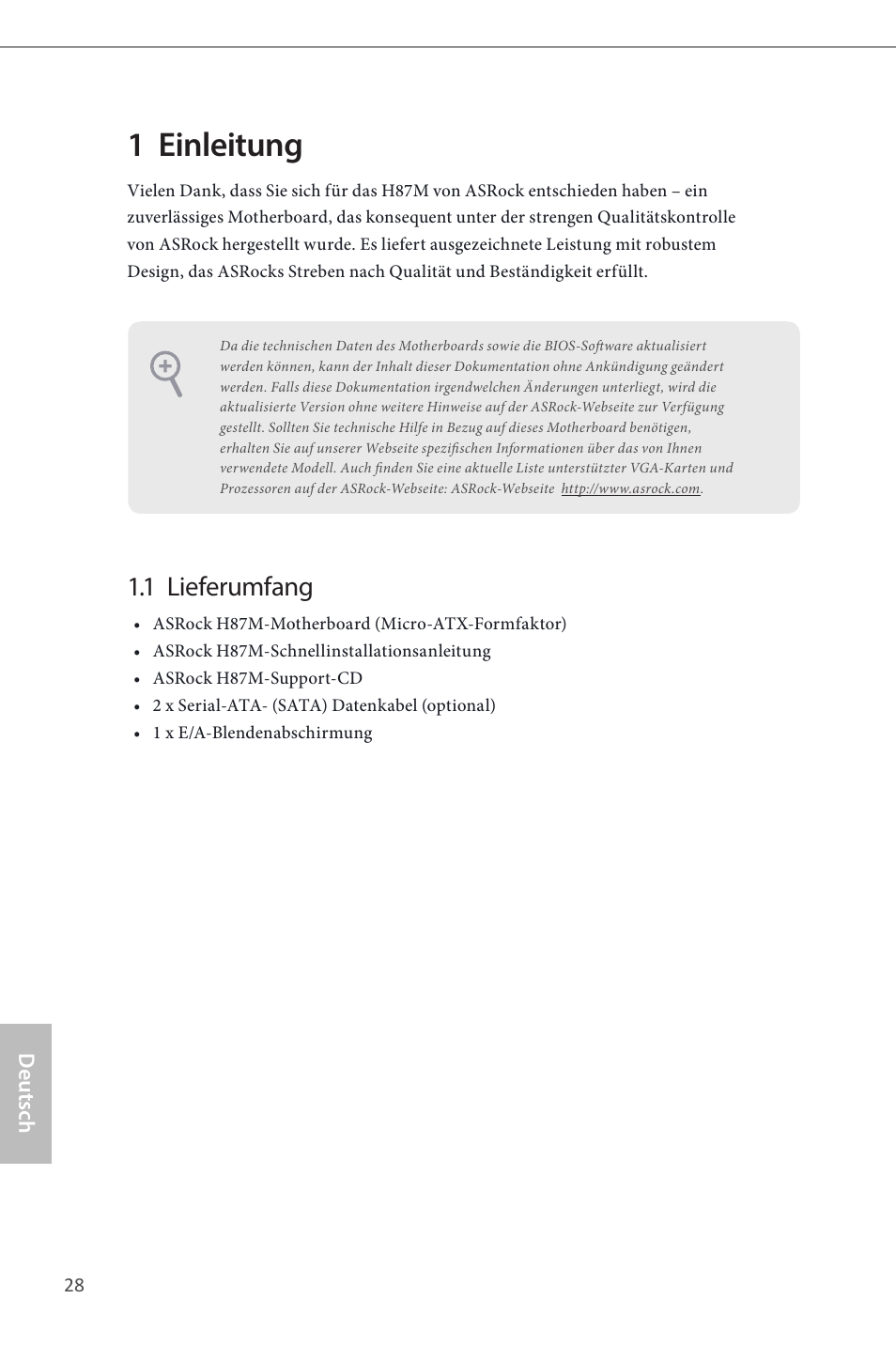 German, 1 einleitung, 1 lieferumfang | ASRock H87M User Manual | Page 30 / 163