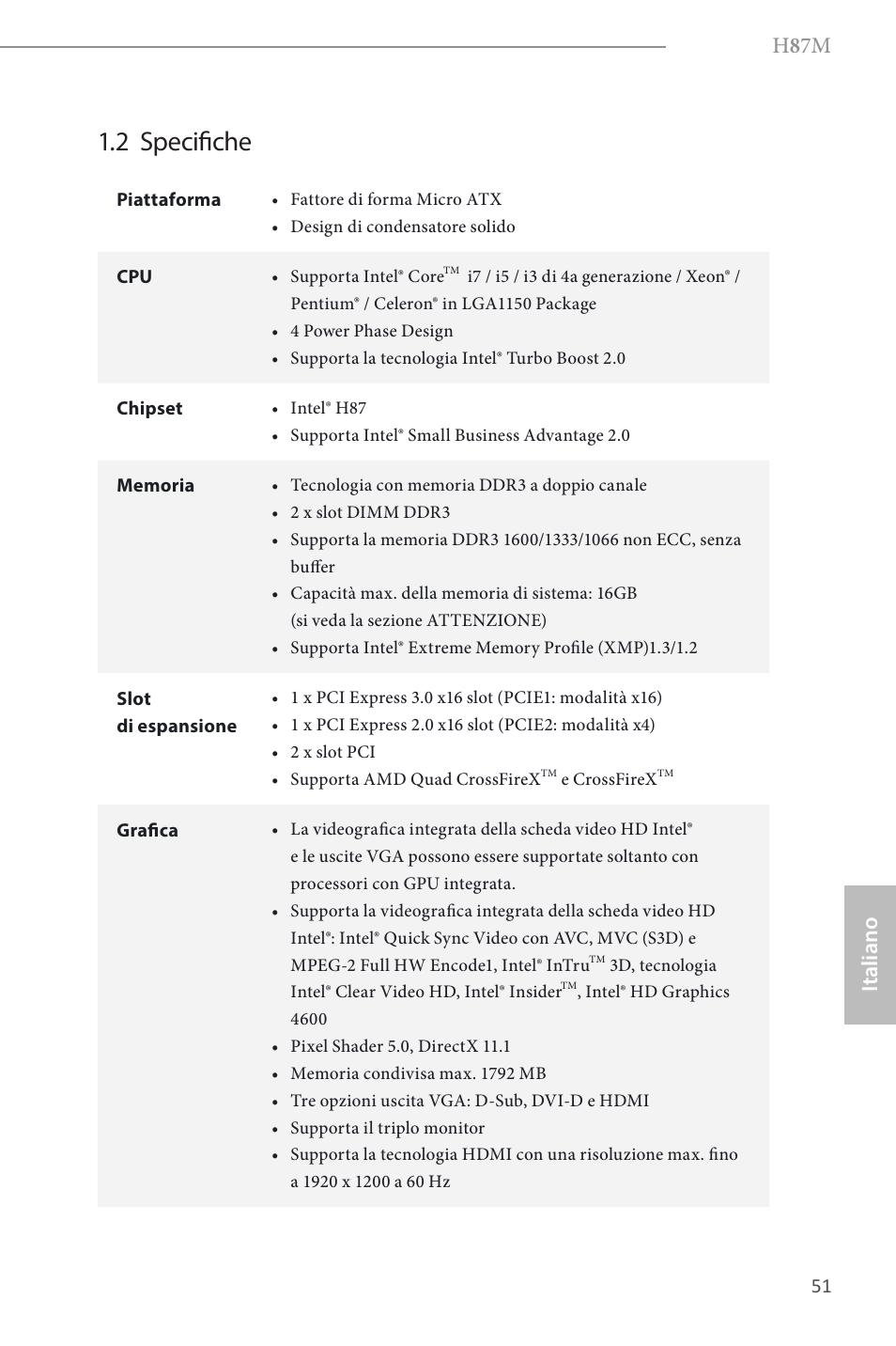 2 specifiche, H 8 7m, Italiano | ASRock H87M User Manual | Page 53 / 163