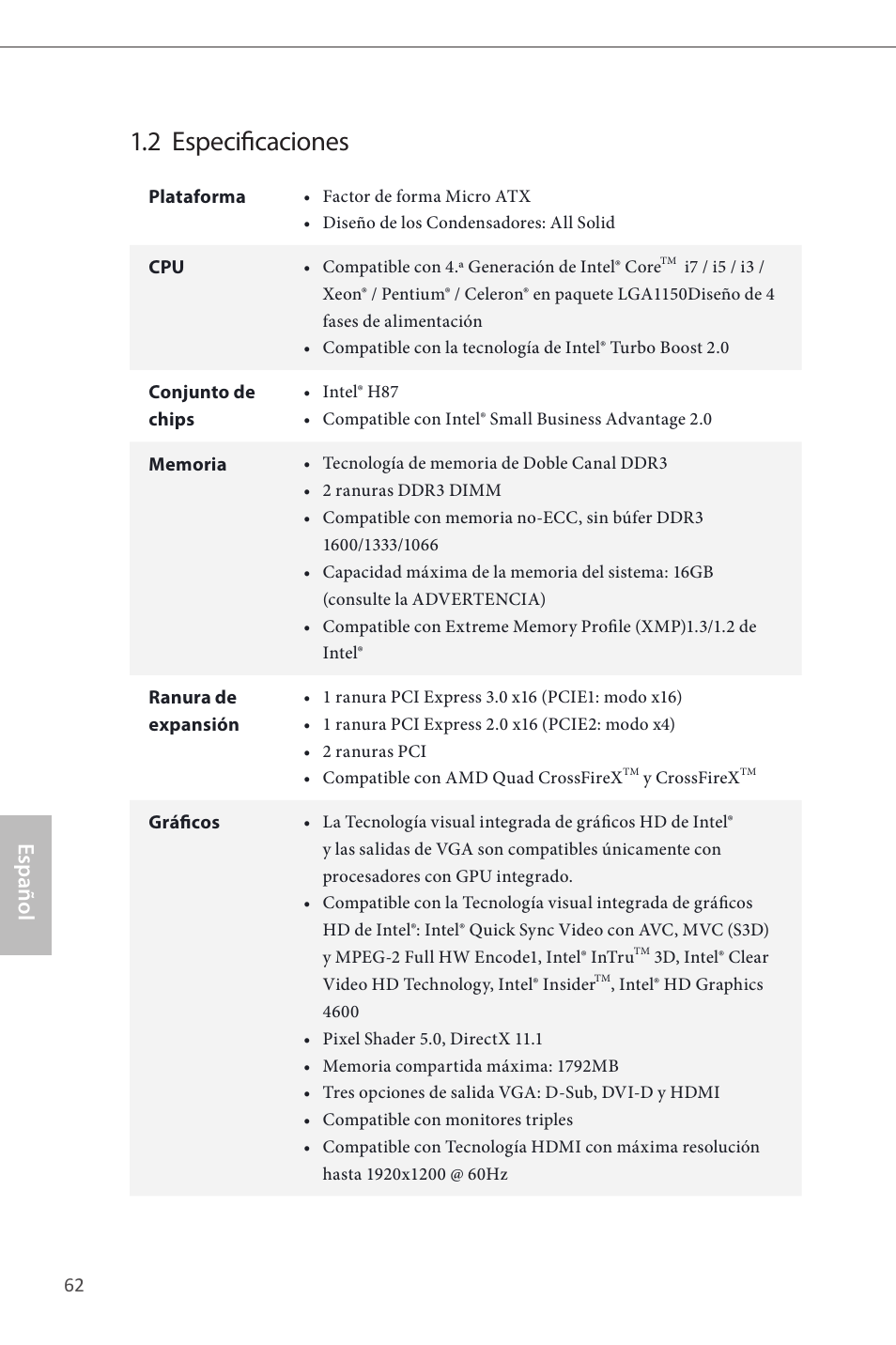 2 especificaciones, Español | ASRock H87M User Manual | Page 64 / 163