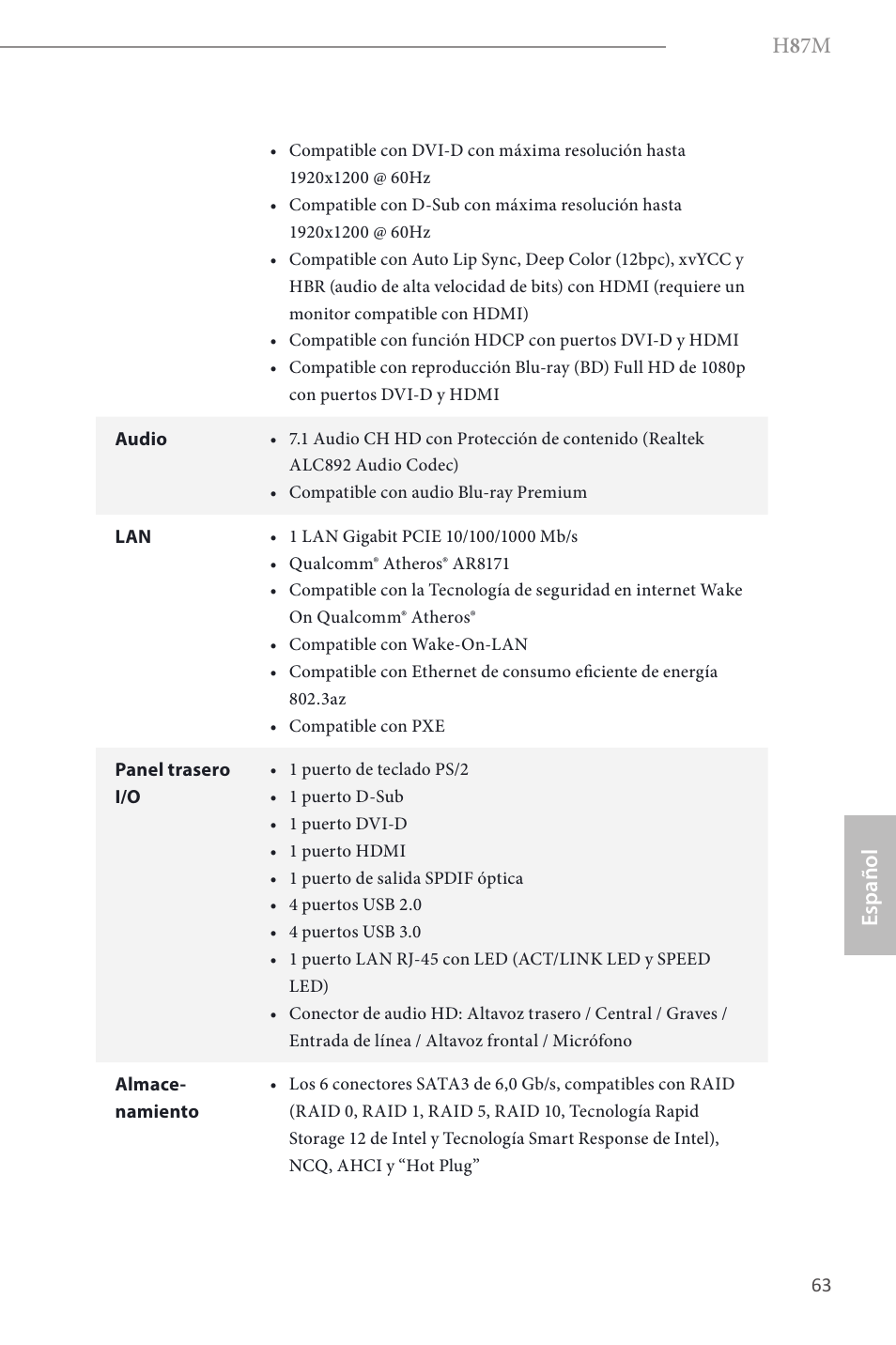 H 8 7m, Español | ASRock H87M User Manual | Page 65 / 163