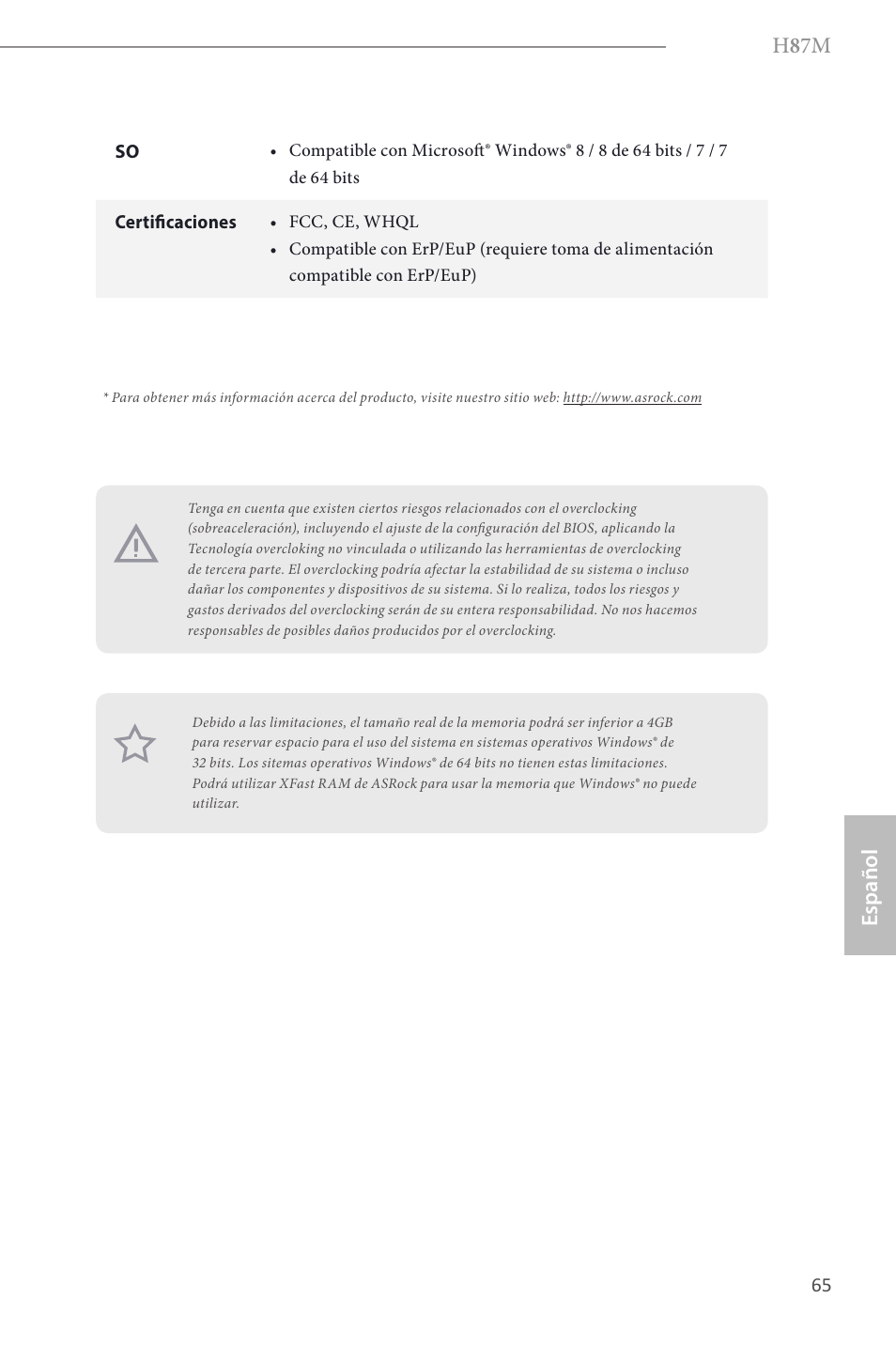 H 8 7m, Español | ASRock H87M User Manual | Page 67 / 163