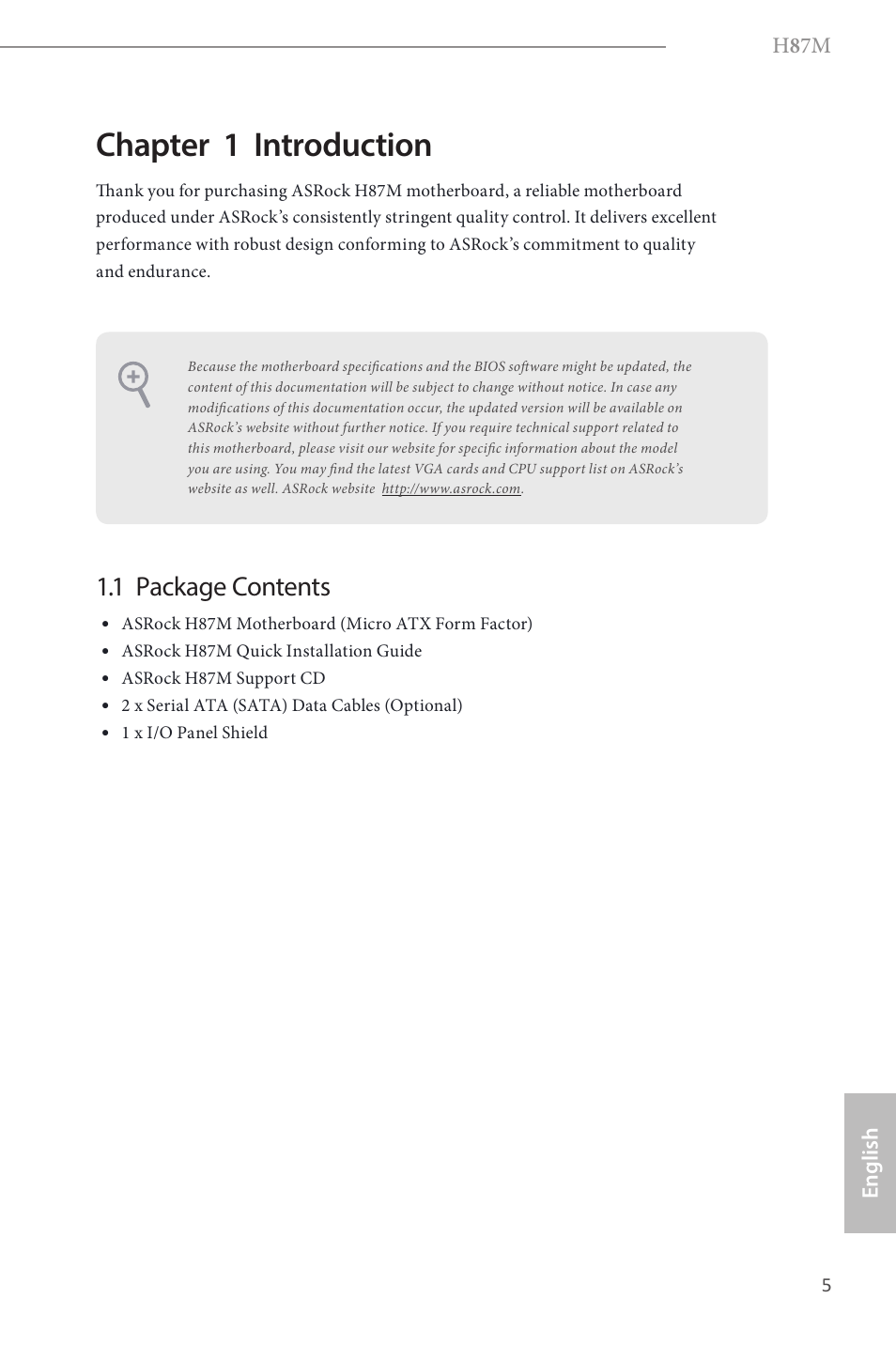 Chapter 1 introduction, 1 package contents | ASRock H87M User Manual | Page 7 / 163