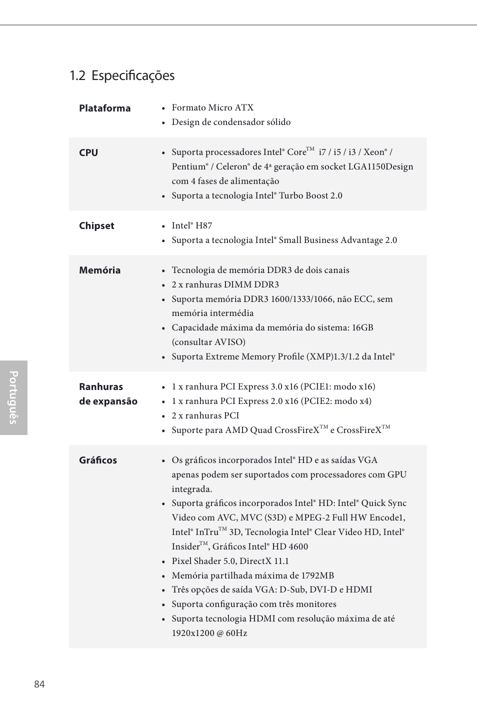 2 especificações, Por tuguês | ASRock H87M User Manual | Page 86 / 163