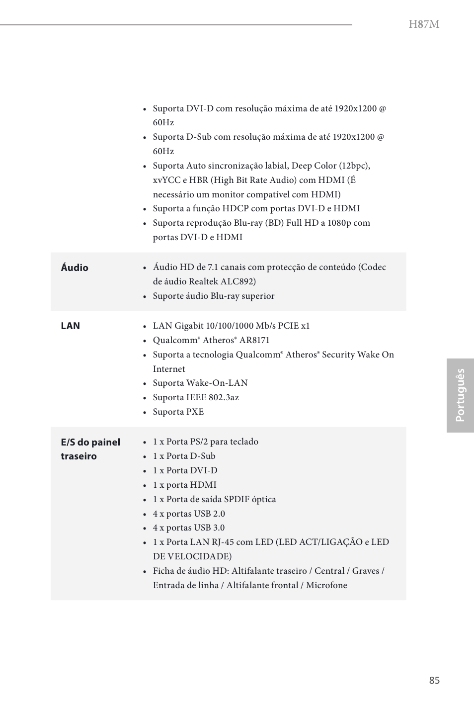 H 8 7m, Por tuguês | ASRock H87M User Manual | Page 87 / 163