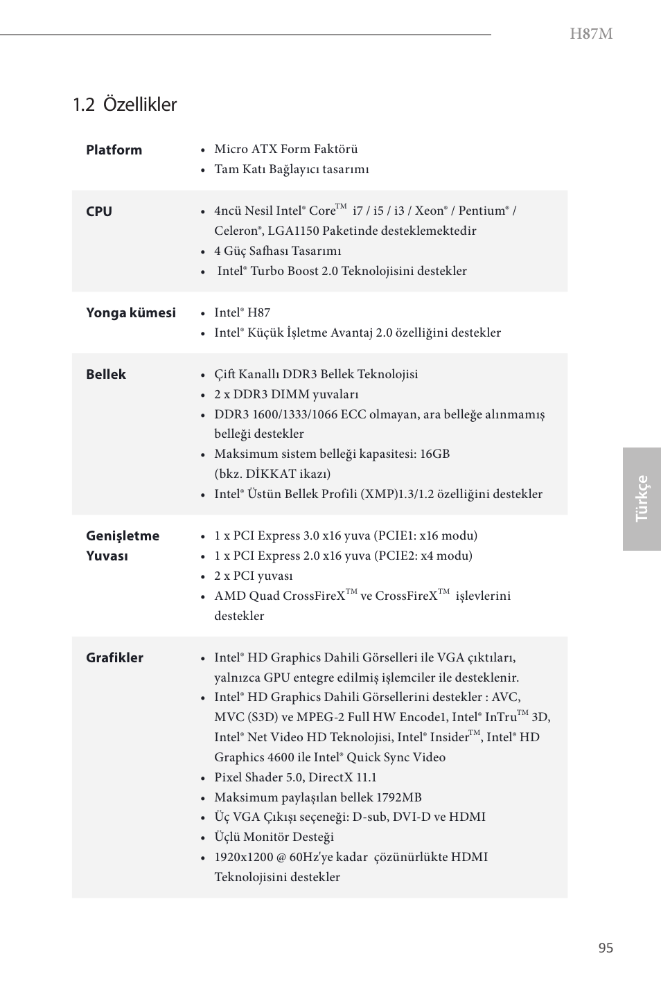 2 özellikler, H 8 7m, Türk çe | ASRock H87M User Manual | Page 97 / 163