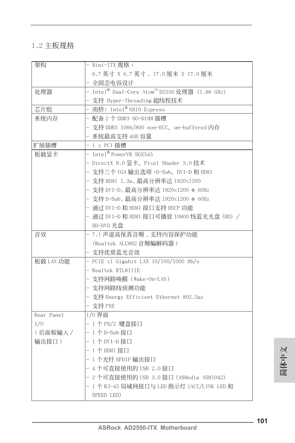 簡體中文 1.2 主板規格 | ASRock AD2550-ITX User Manual | Page 101 / 119