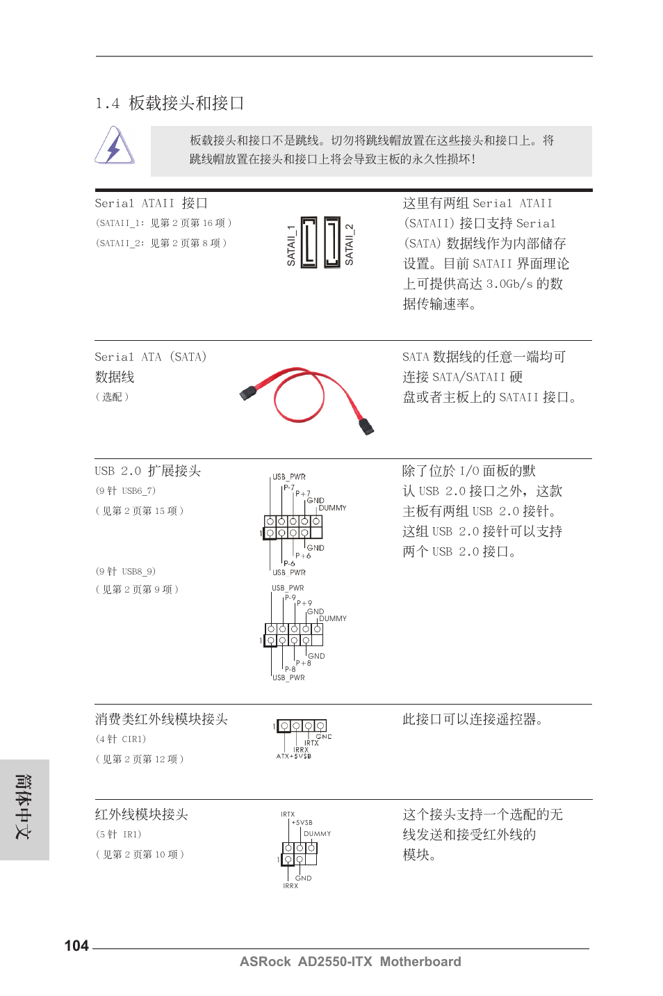 簡體中文, 4 板載接頭和接口 | ASRock AD2550-ITX User Manual | Page 104 / 119