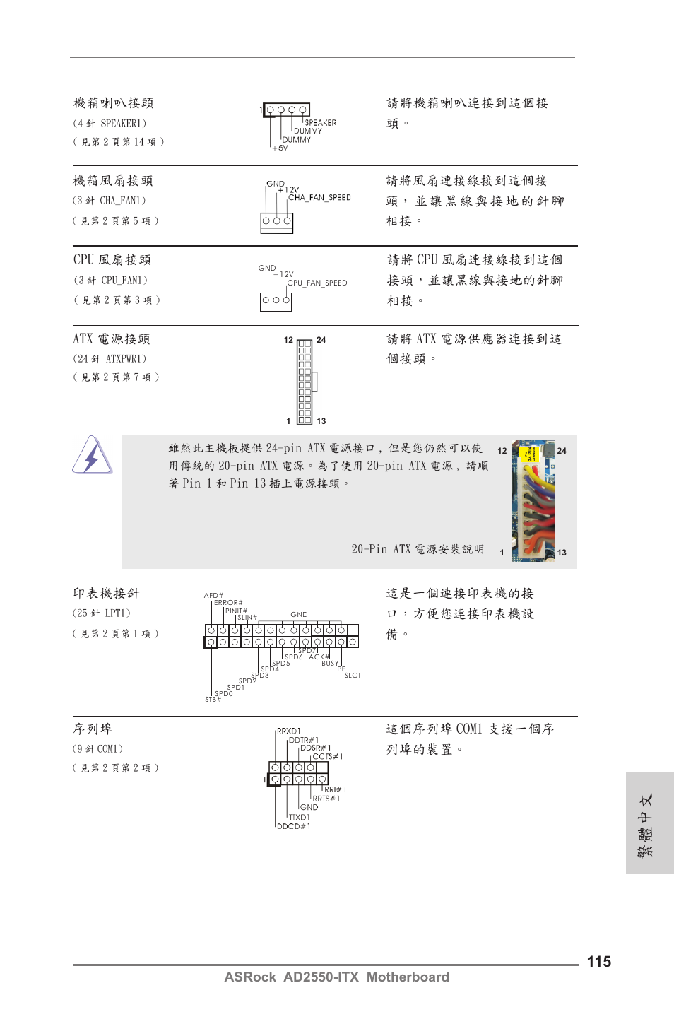 繁體中文, Asrock ad2550-itx motherboard, Cpu 風扇接頭 請將 cpu 風扇連接線接到這個 | 接頭，並讓黑線與接地的針腳, 相接。 atx 電源接頭 請將 atx 電源供應器連接到這, 機箱風扇接頭 請將風扇連接線接到這個接, 機箱喇叭接頭 請將機箱喇叭連接到這個接, 印表機接針 這是一個連接印表機的接, 口，方便您連接印表機設, 序列埠 這個序列埠 com1 支援一個序 | ASRock AD2550-ITX User Manual | Page 115 / 119