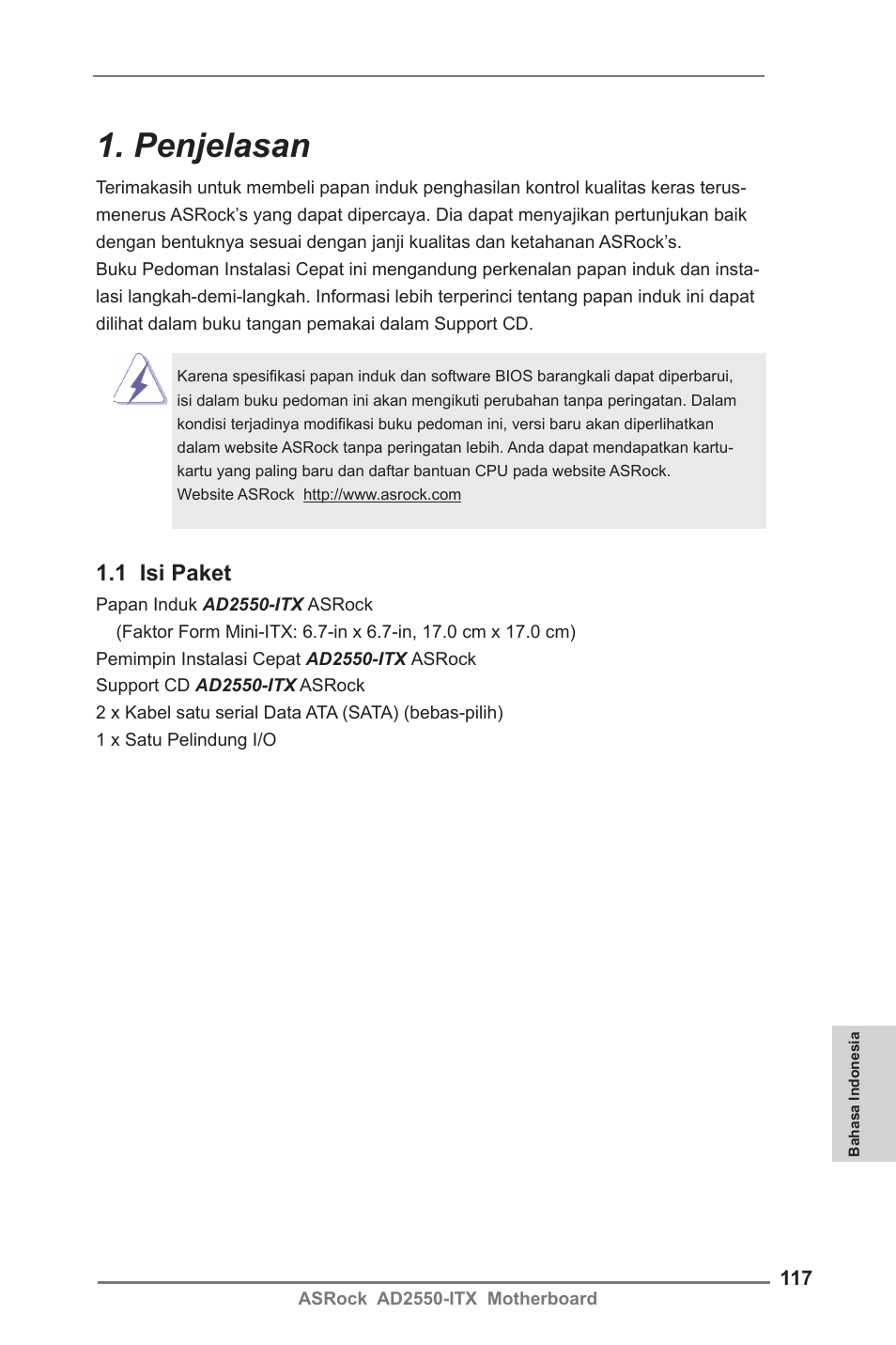 Indonesian, Penjelasan, 1 isi paket | ASRock AD2550-ITX User Manual | Page 117 / 119